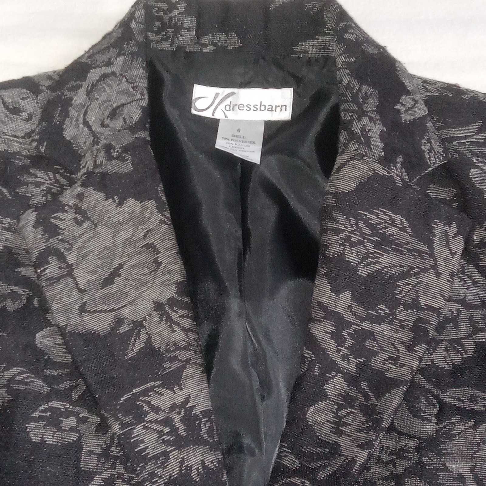 VTG Dress Barn Blazer Black Silver Floral Brocade Jacquard Sz 6 Filigree Buttons