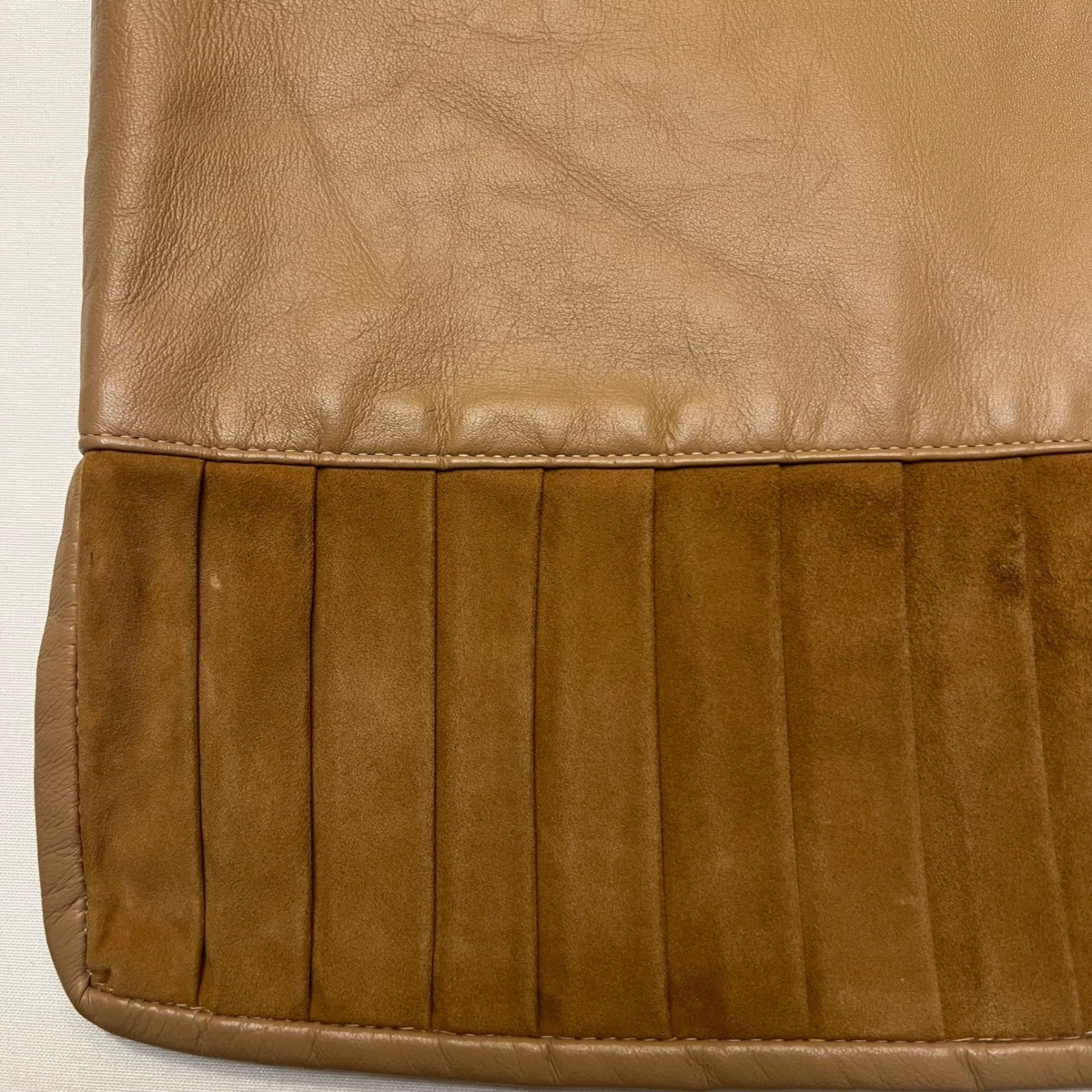 Vintage Genuine Leather Pleated Suede Trim Neutral Tan Western Boho Skirt Size L