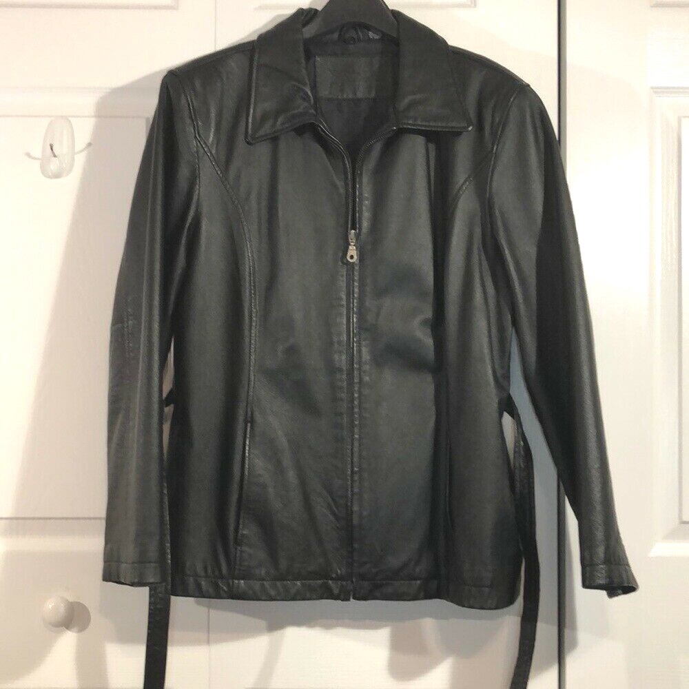 Size L Leather Jacket Vintage Jaqueline Ferrara Black Full Zip w/Waist Tie