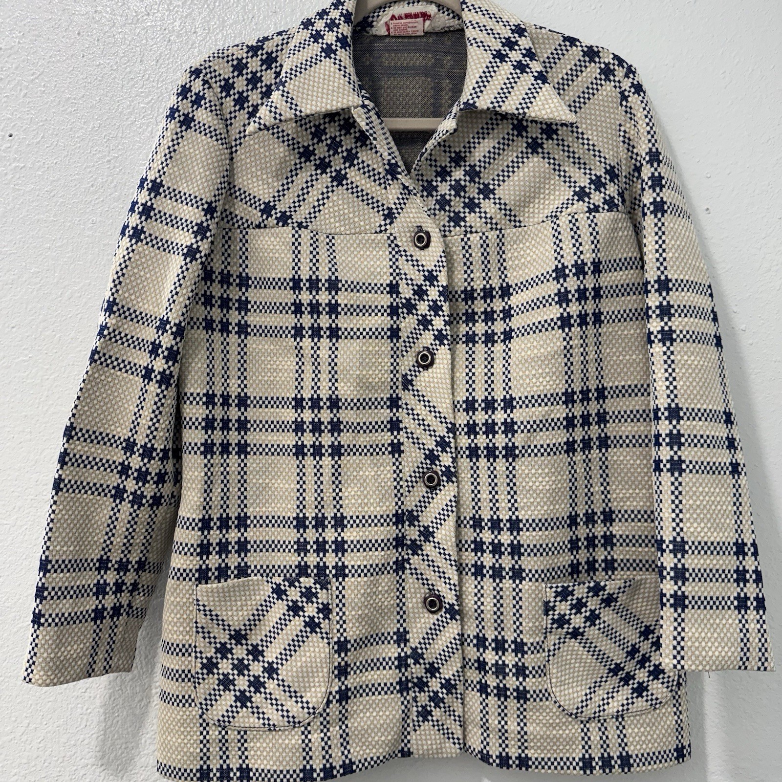 Vintage Kay Windsor Women’s Untagged Plaid Blazer Retro 60s 70s Blue Cream M/L?