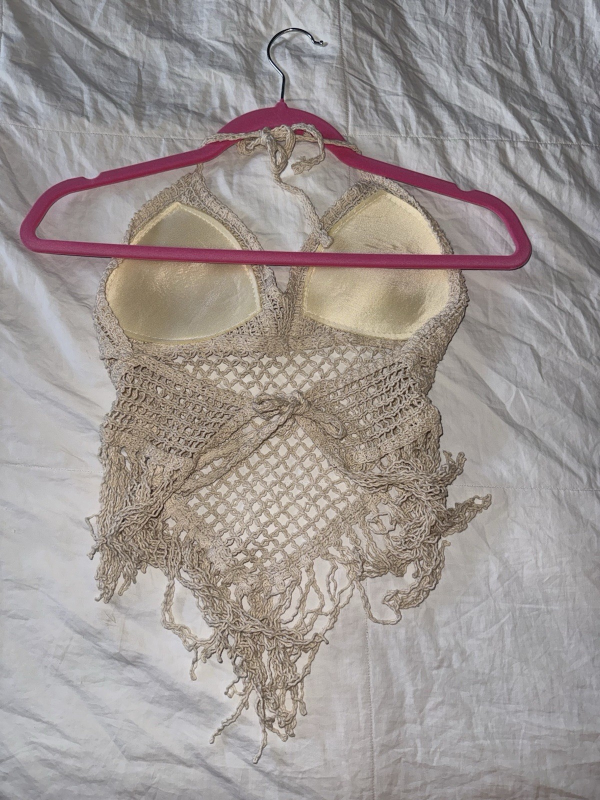 Handmade Beige Crochet Halter Neck Top and Skirt Set with Fringe