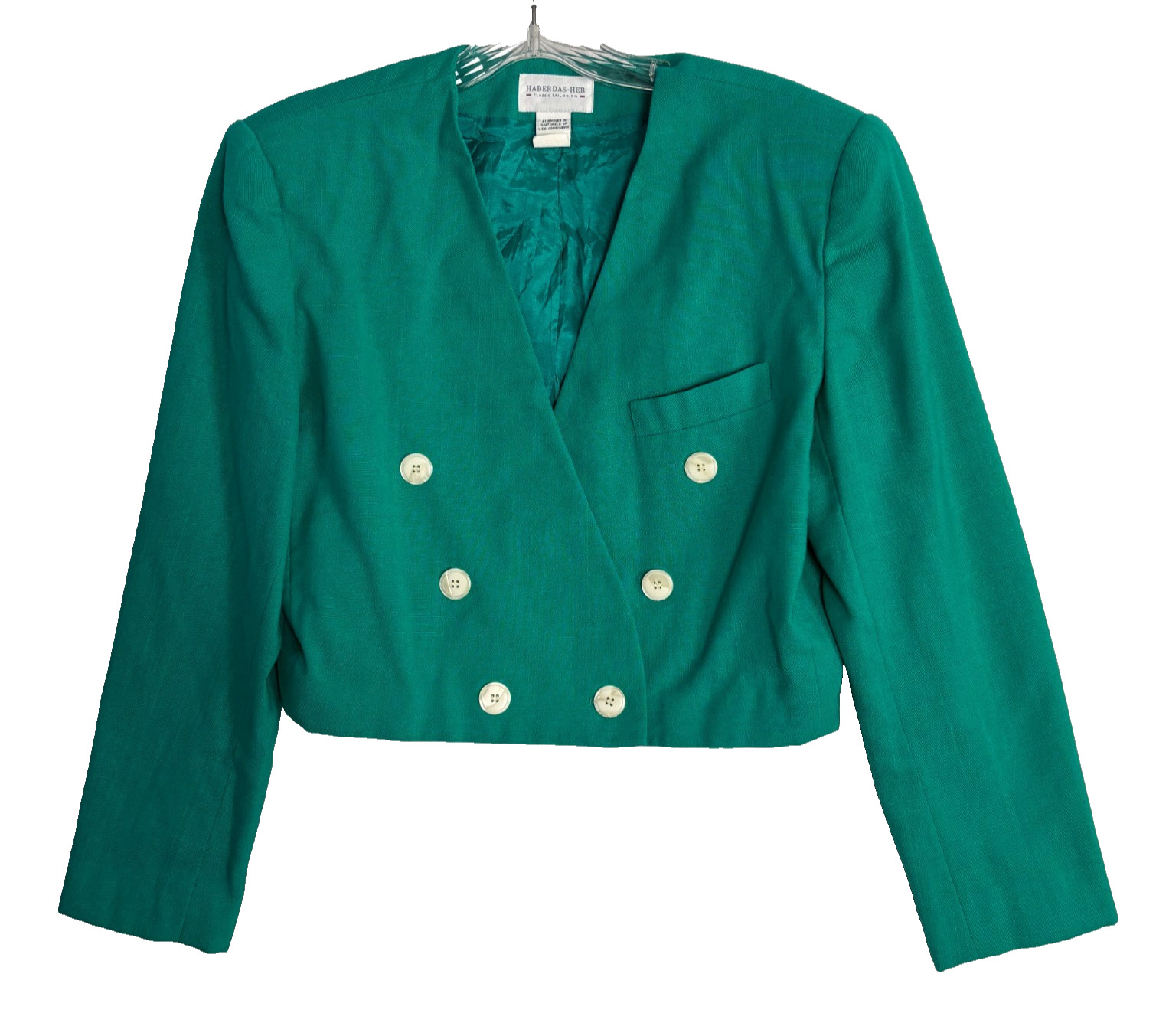 VTG Cropped Blazer 80s Double Breasted Teal Green Haber Dasher M L Knit