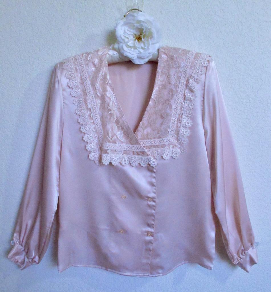 Vintage San Andre Silky Blouse 10 Pink Lace Victorian Collar Slick Shiny Satin