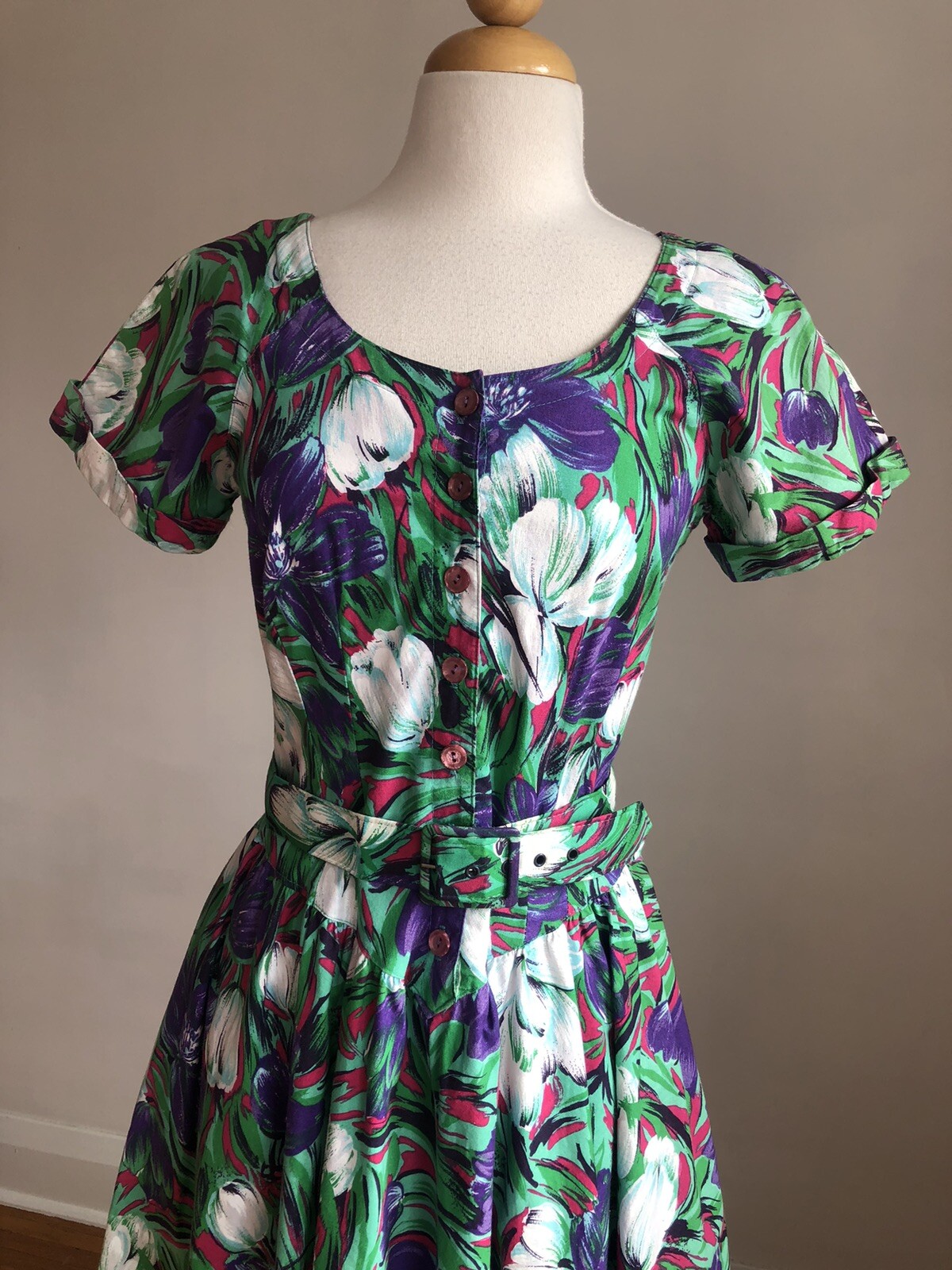 STUNNING VTG S.L. PETITES Floral 100% Cotton Belted Dress SZ XS/S