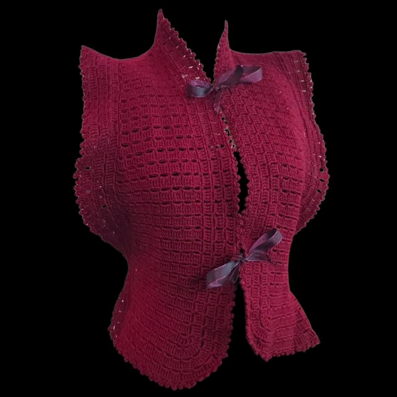 Burgandy Red Crochet Antique Vest 1920s 1930s Art Deco Sweater Shawl Bows Folk