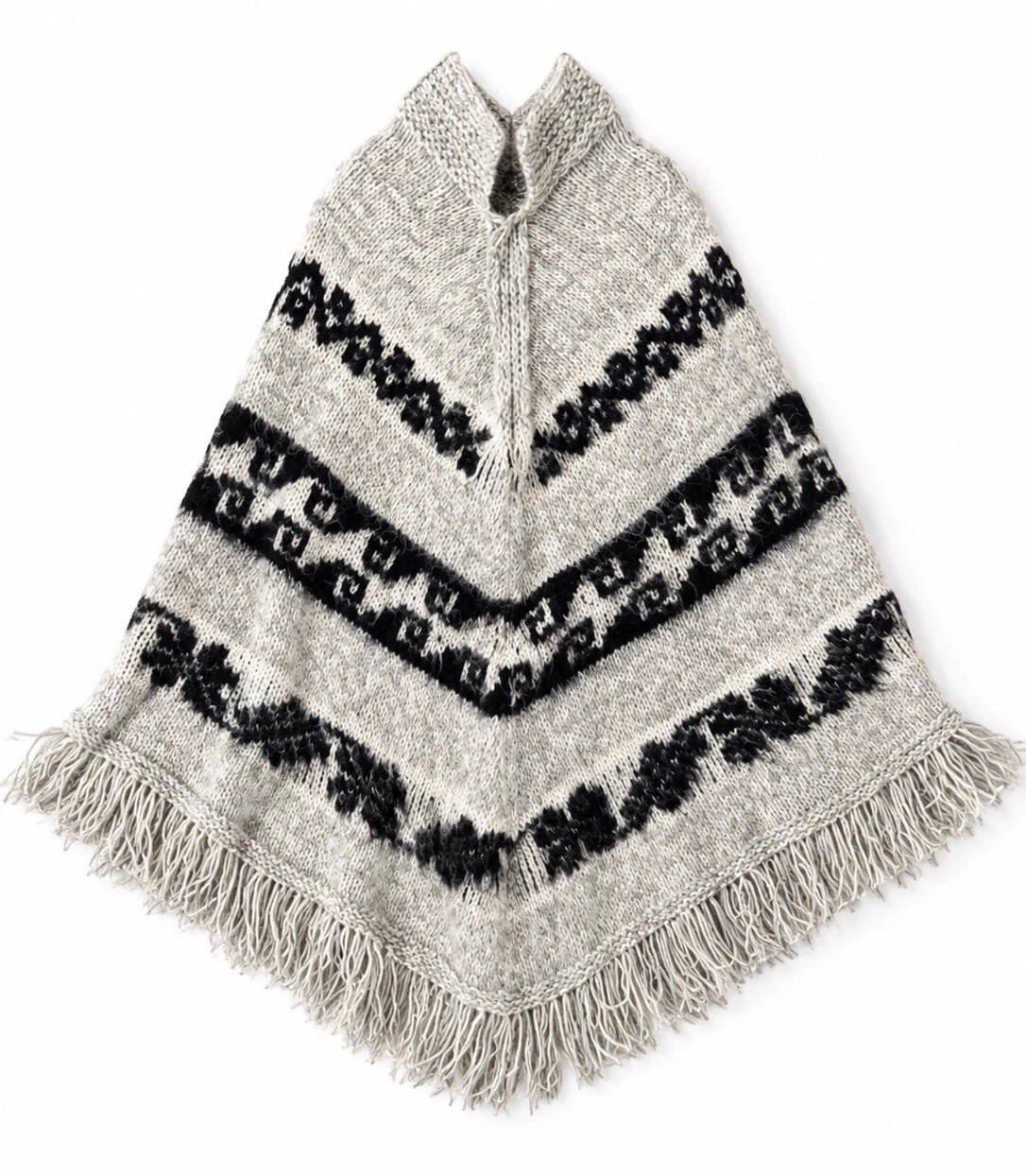 Vintage Ethnic Loose Hand Knit Fringe Poncho Tribal Alpaca Mohair Wool Crunchy