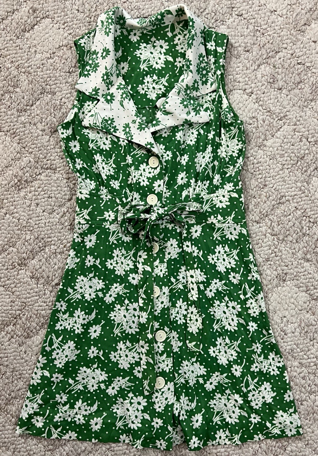 Vintage 60’s 70’s Women’s Sleeveless Green White Cottagecore Floral Dress Small