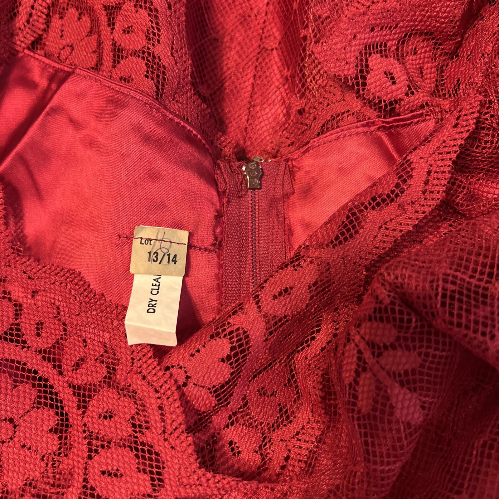 Vintage 1970s (?) Formal Burgundy Lace Over Satin Maxi Dress Junior Sz 13/14