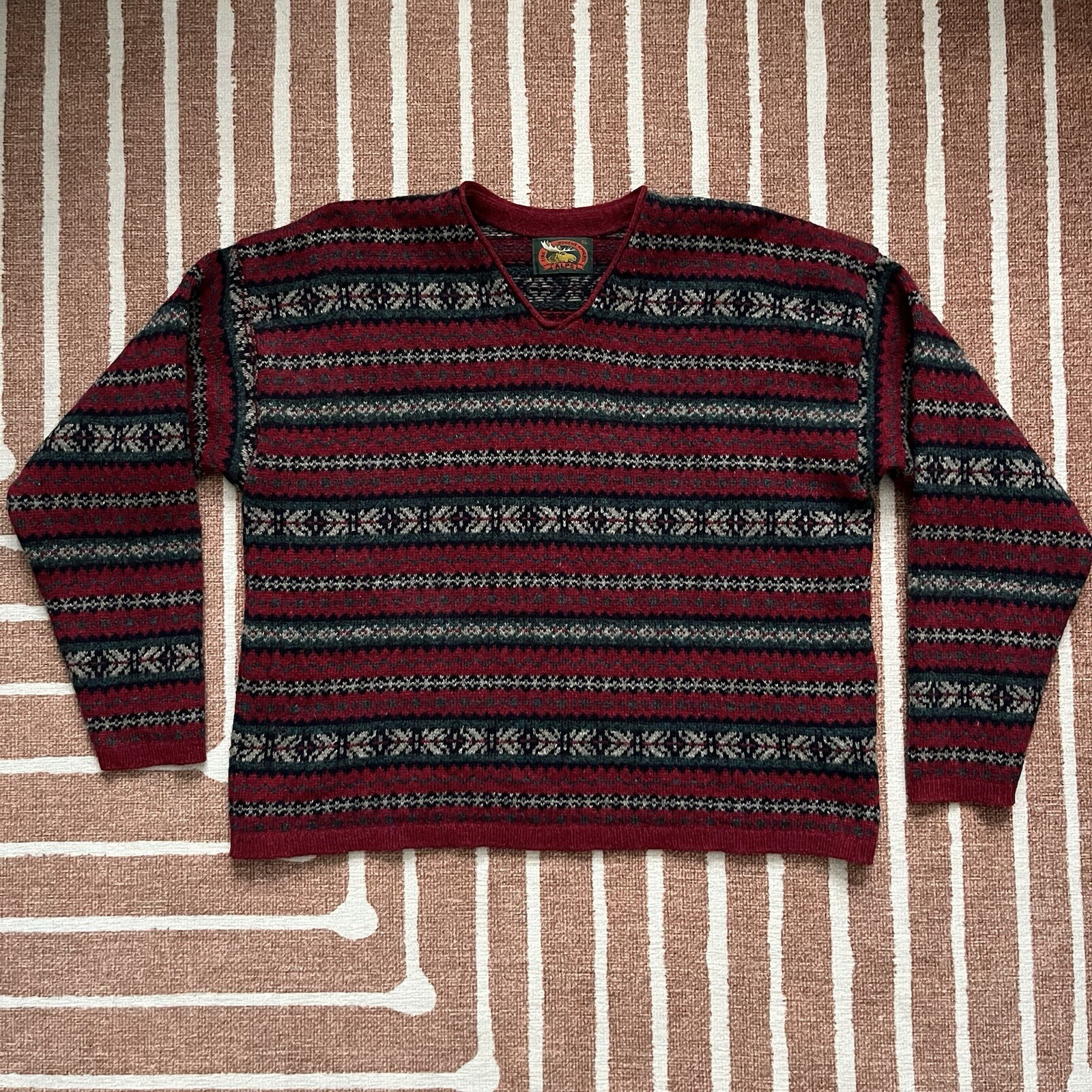 Alps Fair Isle V-Neck Sweater Womens XL Red Snowflake Warm Thick Wool Made USA