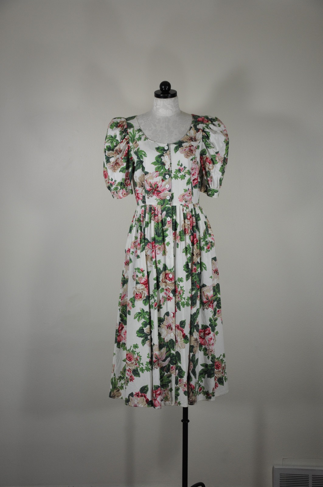 80s Vintage Pink Green Hibiscus Floral Puff Sleeve Romantic Midi Dress Women M L
