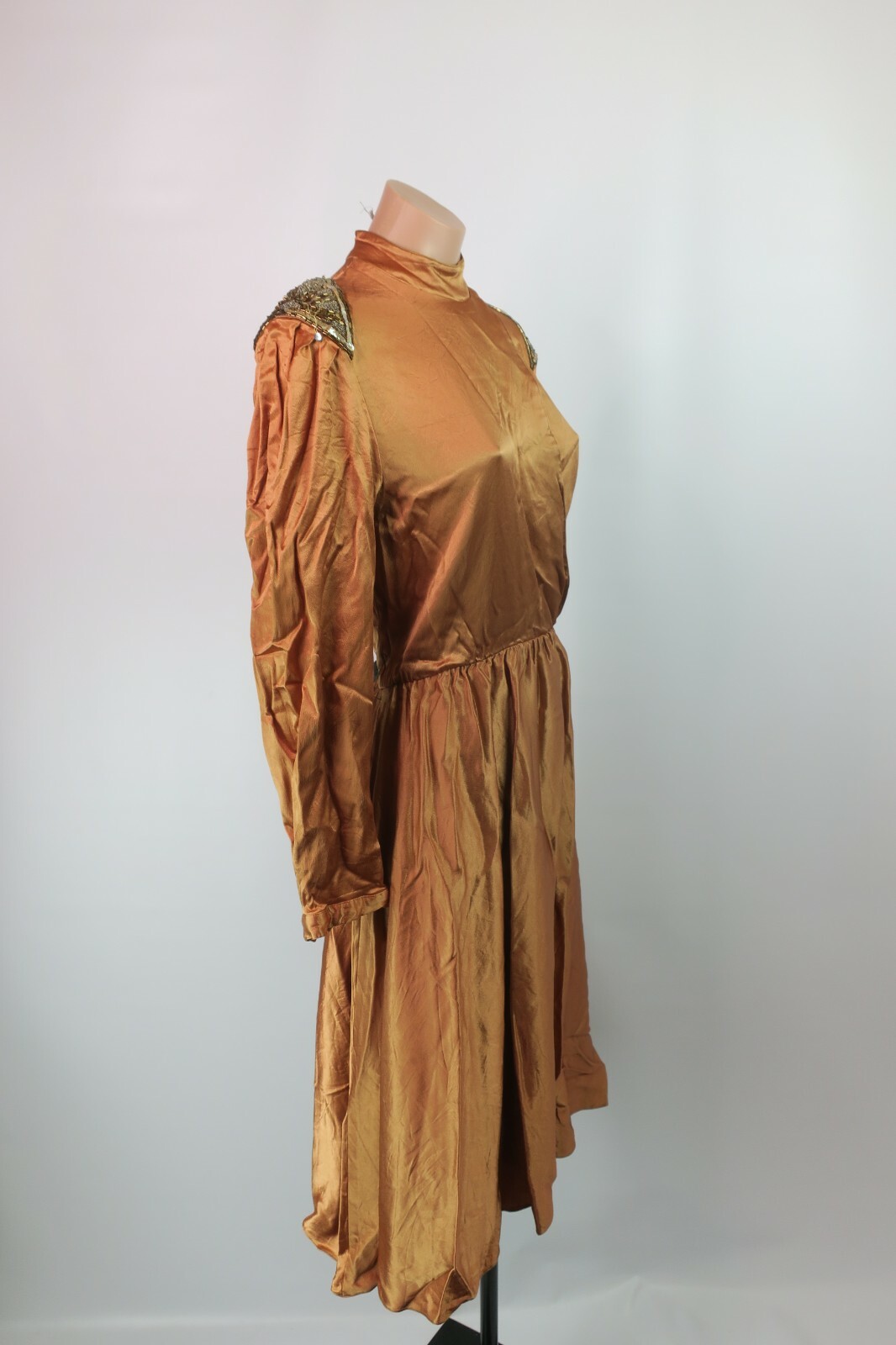 VTG 80s Bronze Gold Metallic House Dress Jonathan Hitchcock Sequin Fit Flare M/L