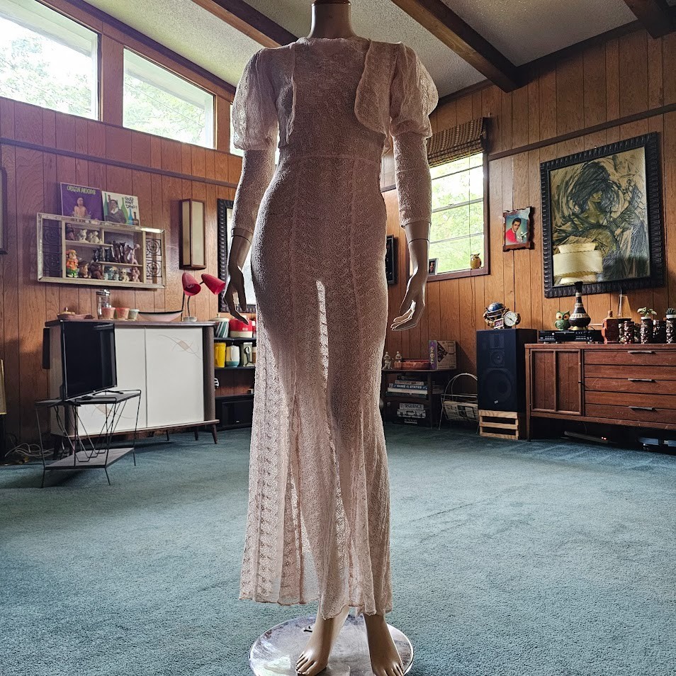 Vtg 30s NRA Pink Spiderweb Lace Bias Cut Dress Gown + Juliet Sleeve Bolero XS/S