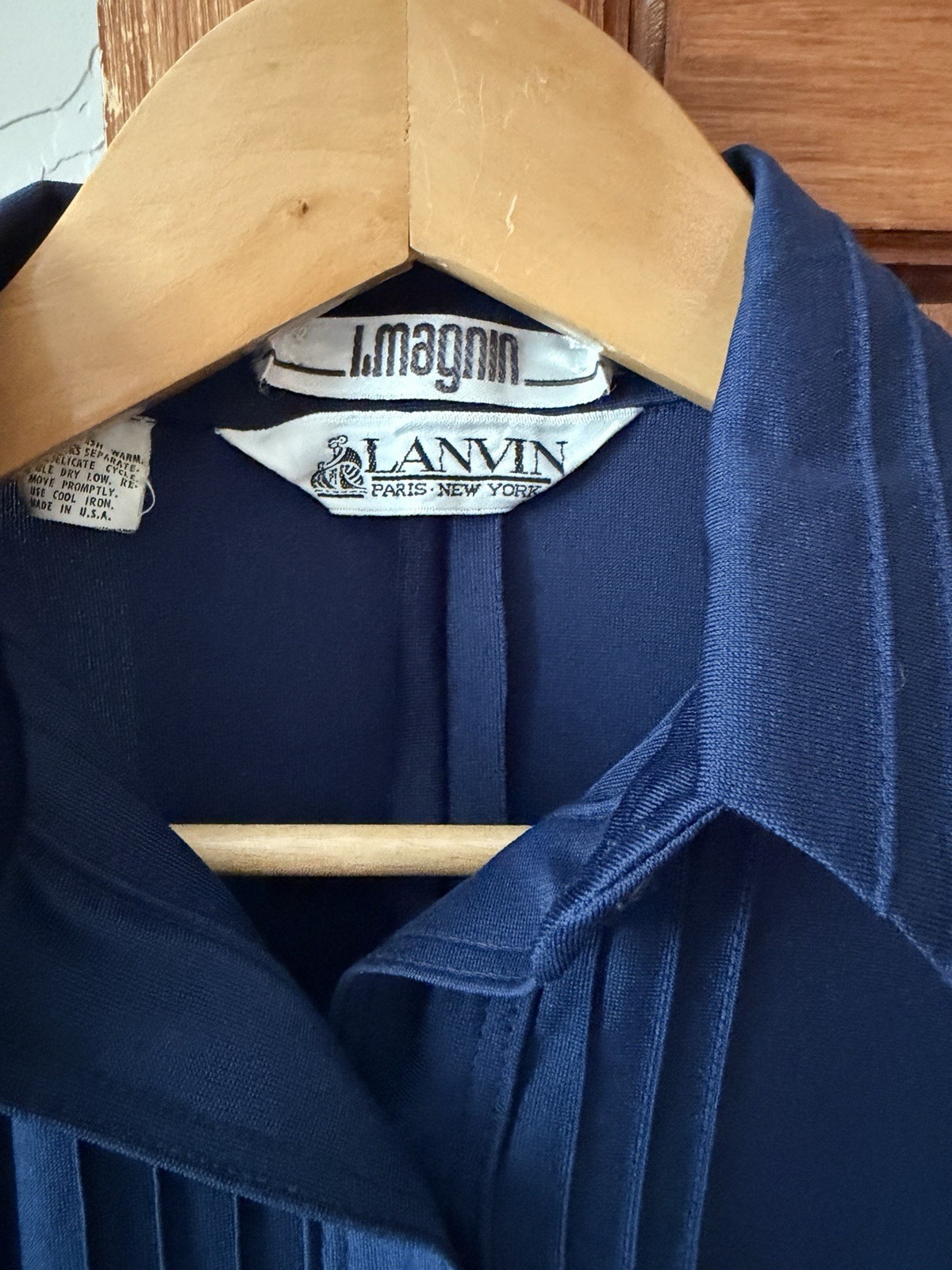 Vintage Lanvin Paris New York I. Magnin Blue Pleated Shirt Dress 10 USA made