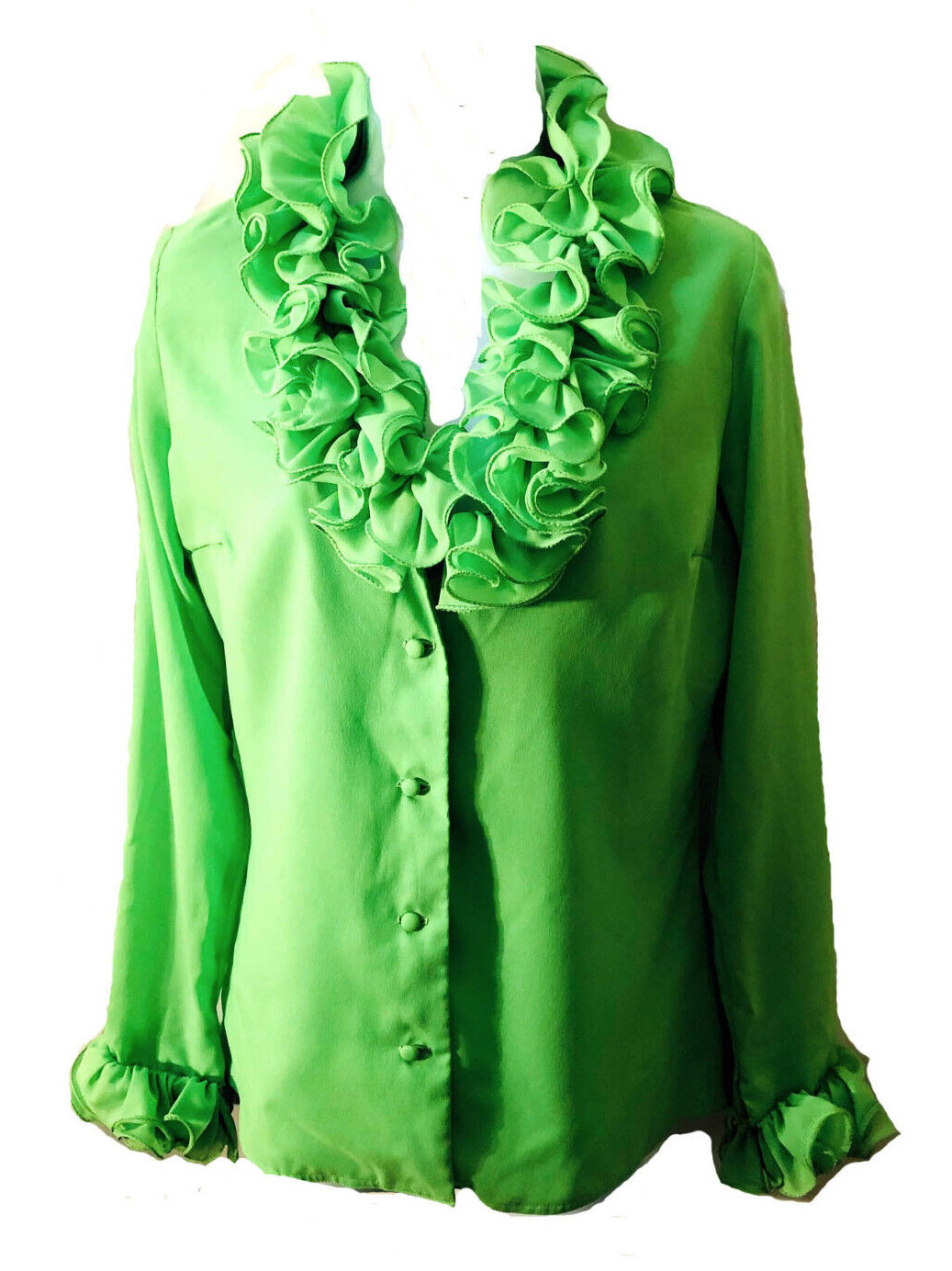 Malbe Lime Green Vintage 1960s/70s Ruffle Poly Chiffon Long Sleeve Disco Top 12