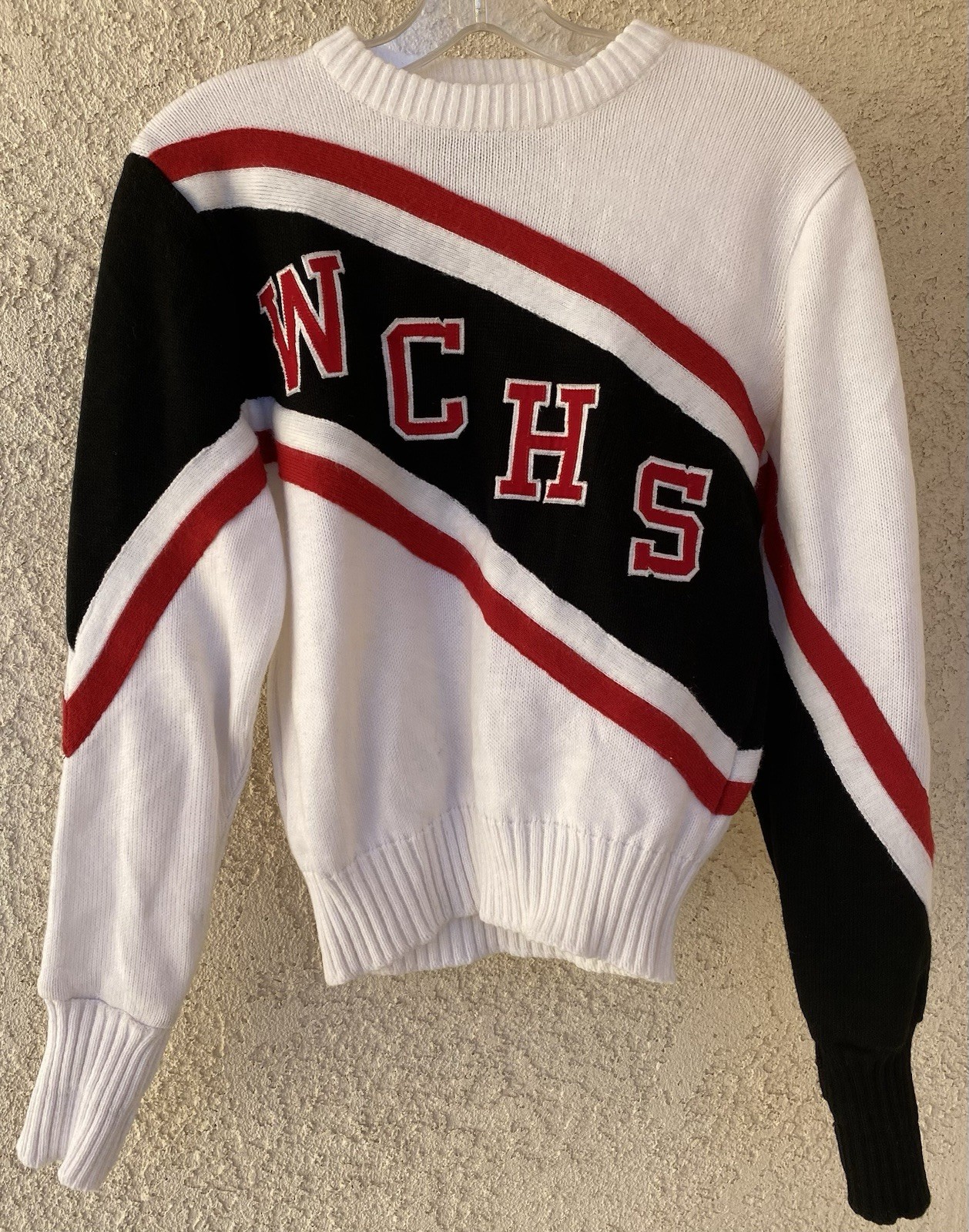 Vintage 80s Dehen Cheerleader Sweater WCHS White Black Red Acrylic Knit Size M