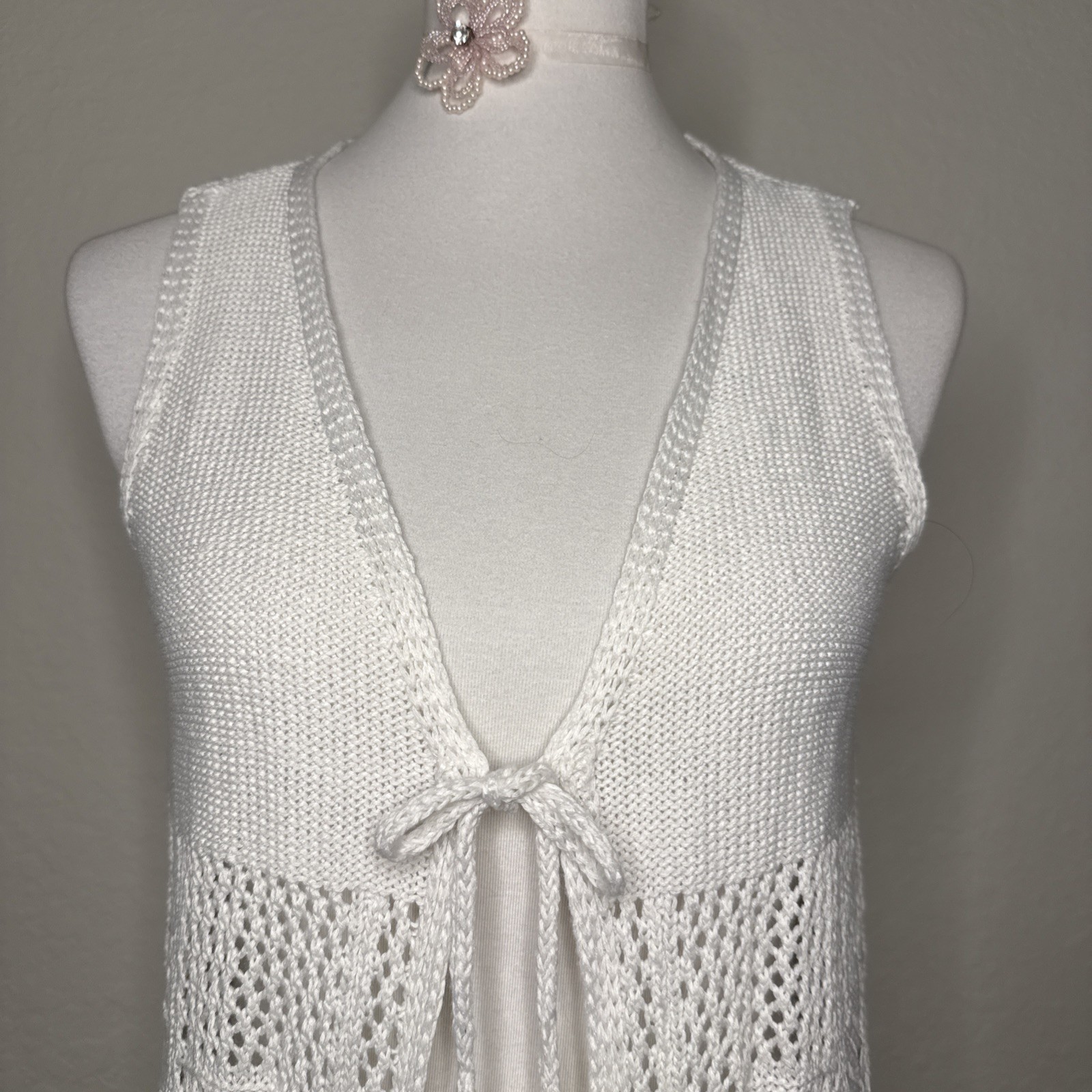 Vintage No comment NY LA Fringe Crochet Vest Hippie Boho Granny Core Size L
