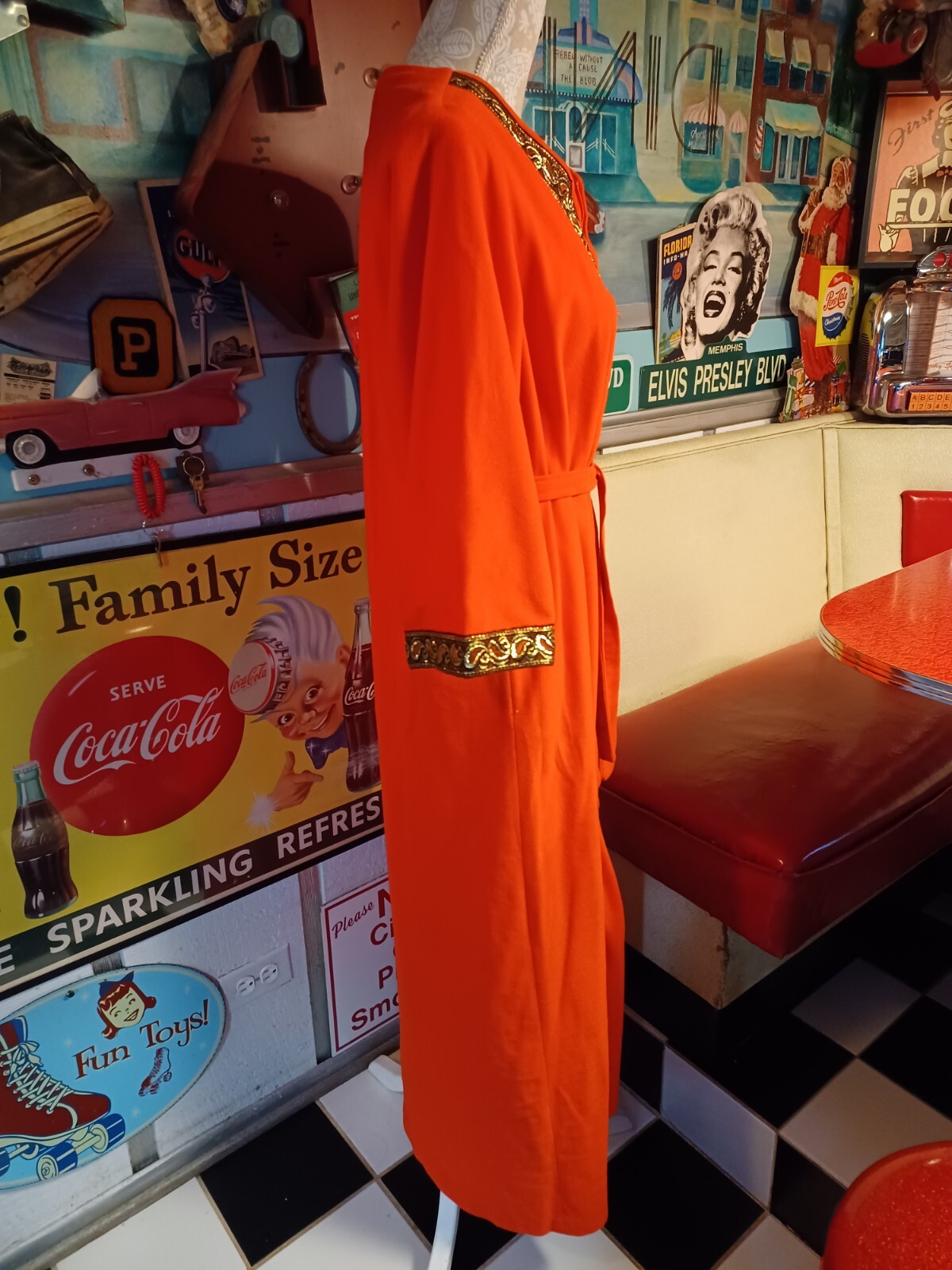 True Vintage Mid-century 1960s Orange Robe With Brocade Trim MCM MOD ONE SIZE