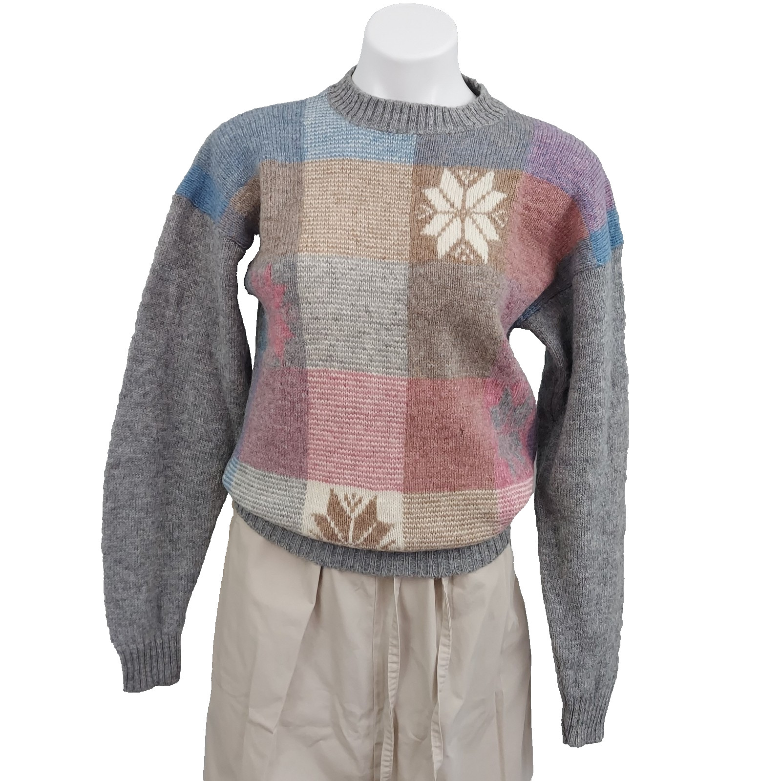 Vintage 1990s Thane Snow Flake Color Block Wool Sweater, S/M