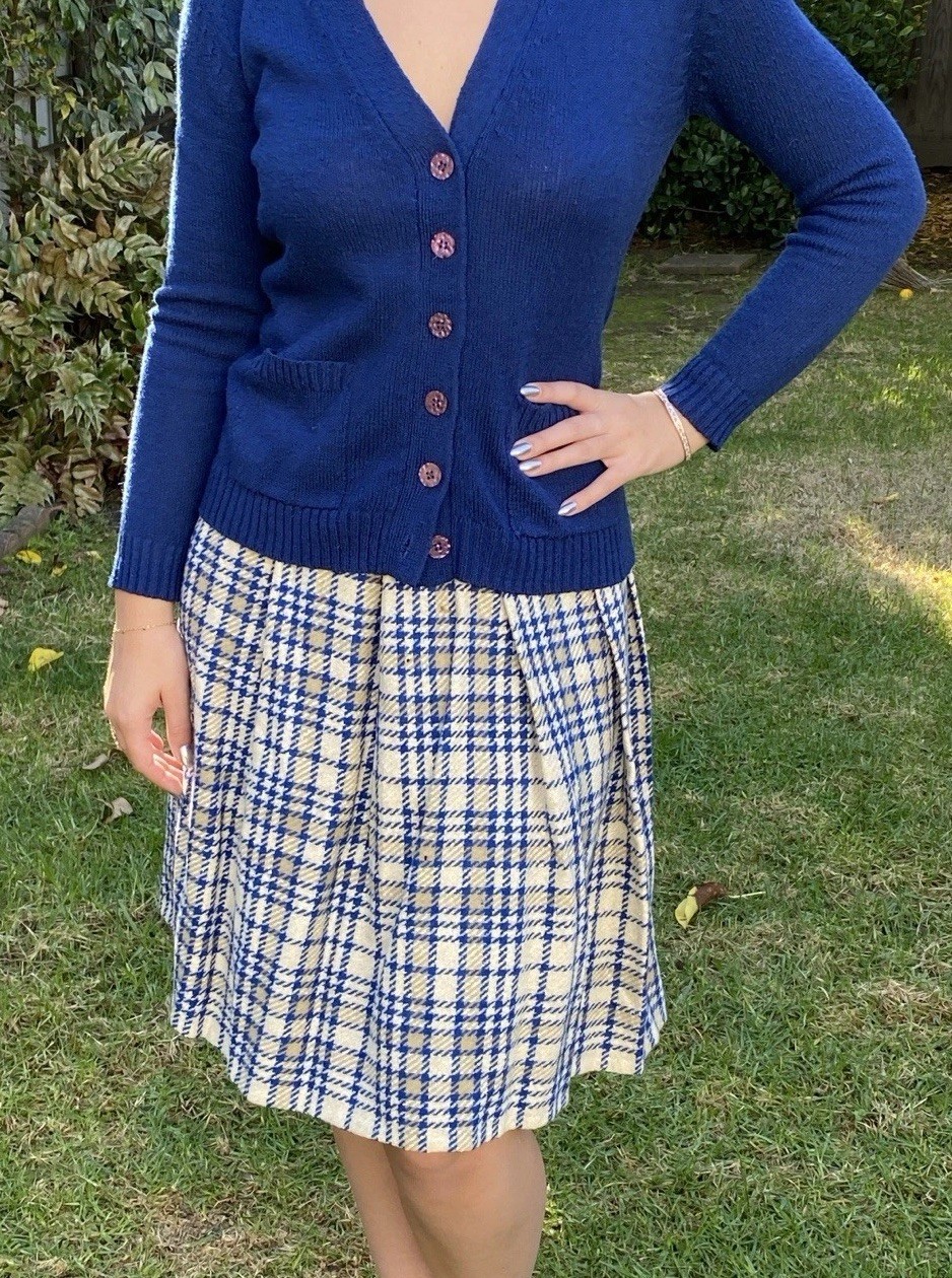 Vintage Handmade 50s S 100% Wool Pleated Full Skirt Blue Ivory Plaid