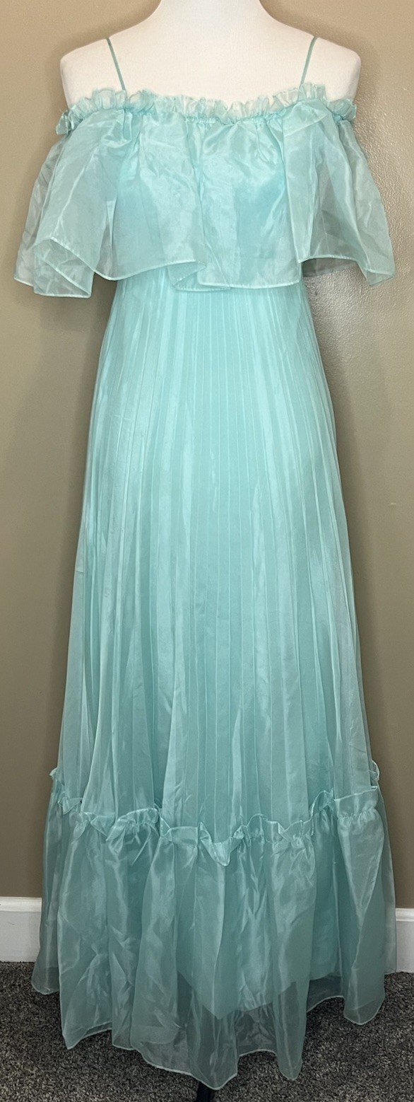 Vtg 70s Chiffon Prom Dress Off Shoulder Spaghetti Strap Pleated Sheer Teal XS/S