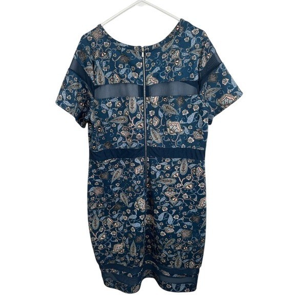 Boutique Teal Paisley Floral Mesh Panel Sheath Dress 1X Short Sleeve Blue