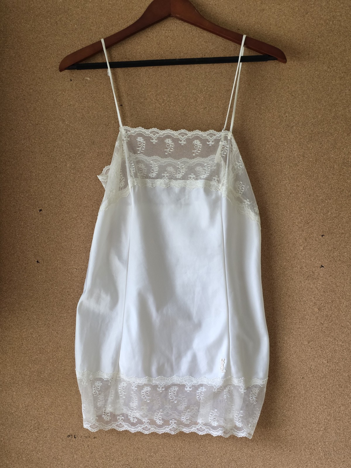 YSL Lingerie Satin Camisole 34 Embroidered Logo, Lace Trim, Vintage Made France