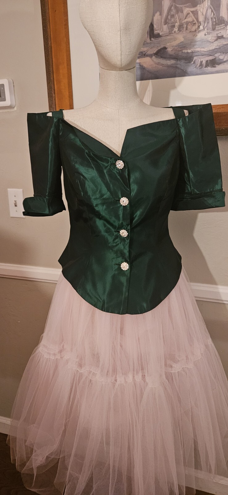 Vintage 1980s Green Formal Top With Rhinestone Buttons Mkd Sz 8 As Pictured