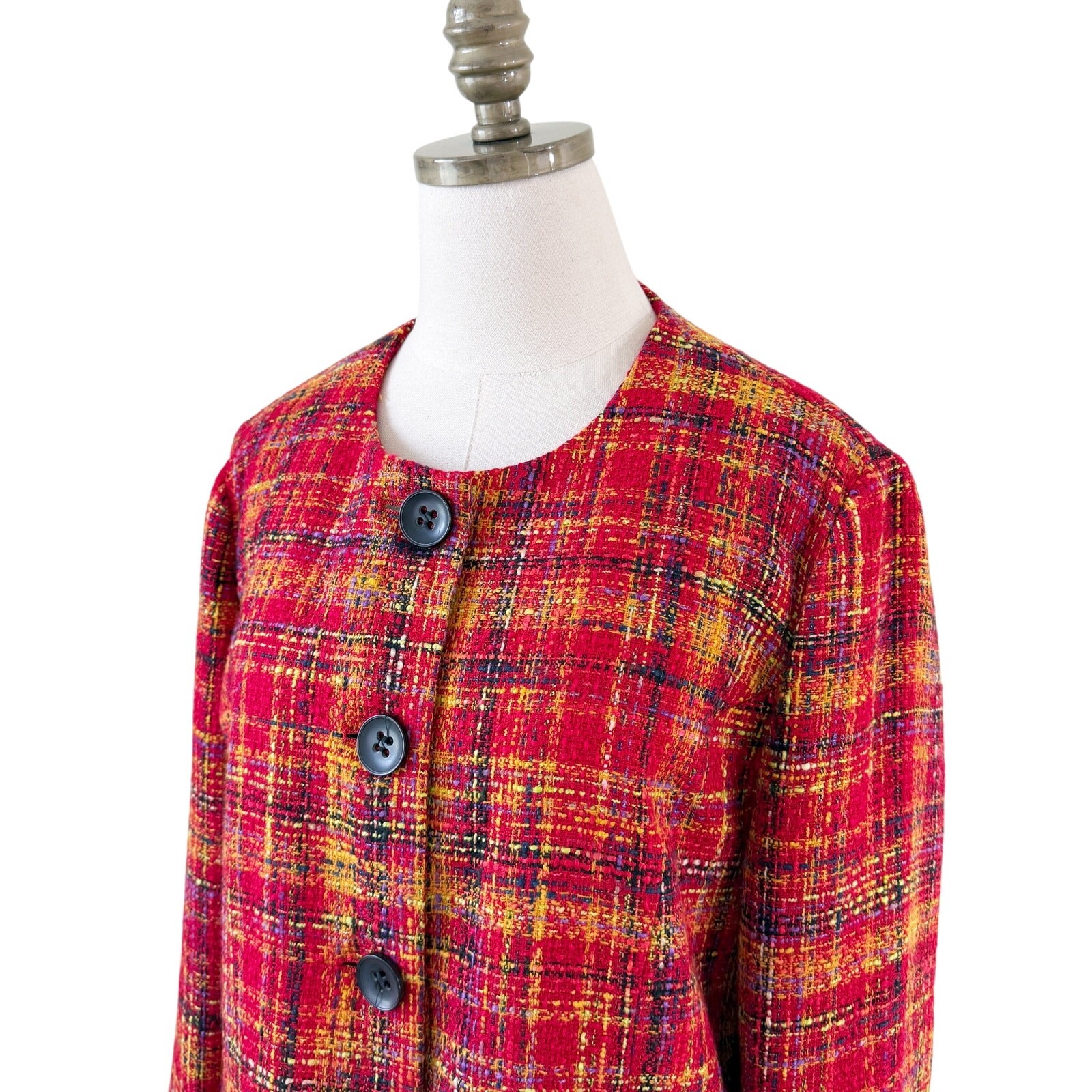 Vintage 90s N Touch Red Plaid Tweed Blazer/Top Women’s M/L Button Up Crew Neck