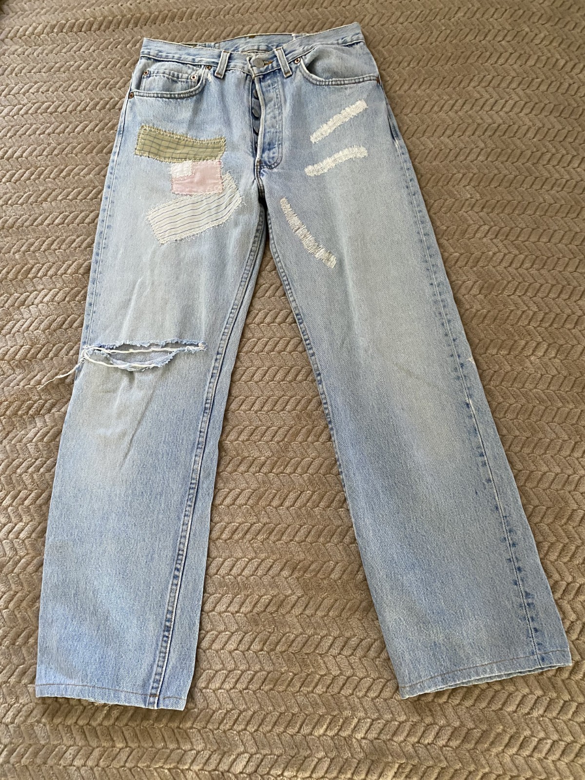 VTG Levis 501 Jeans Women’s 90s Button Fly Light Wash custom patchwork BOHO