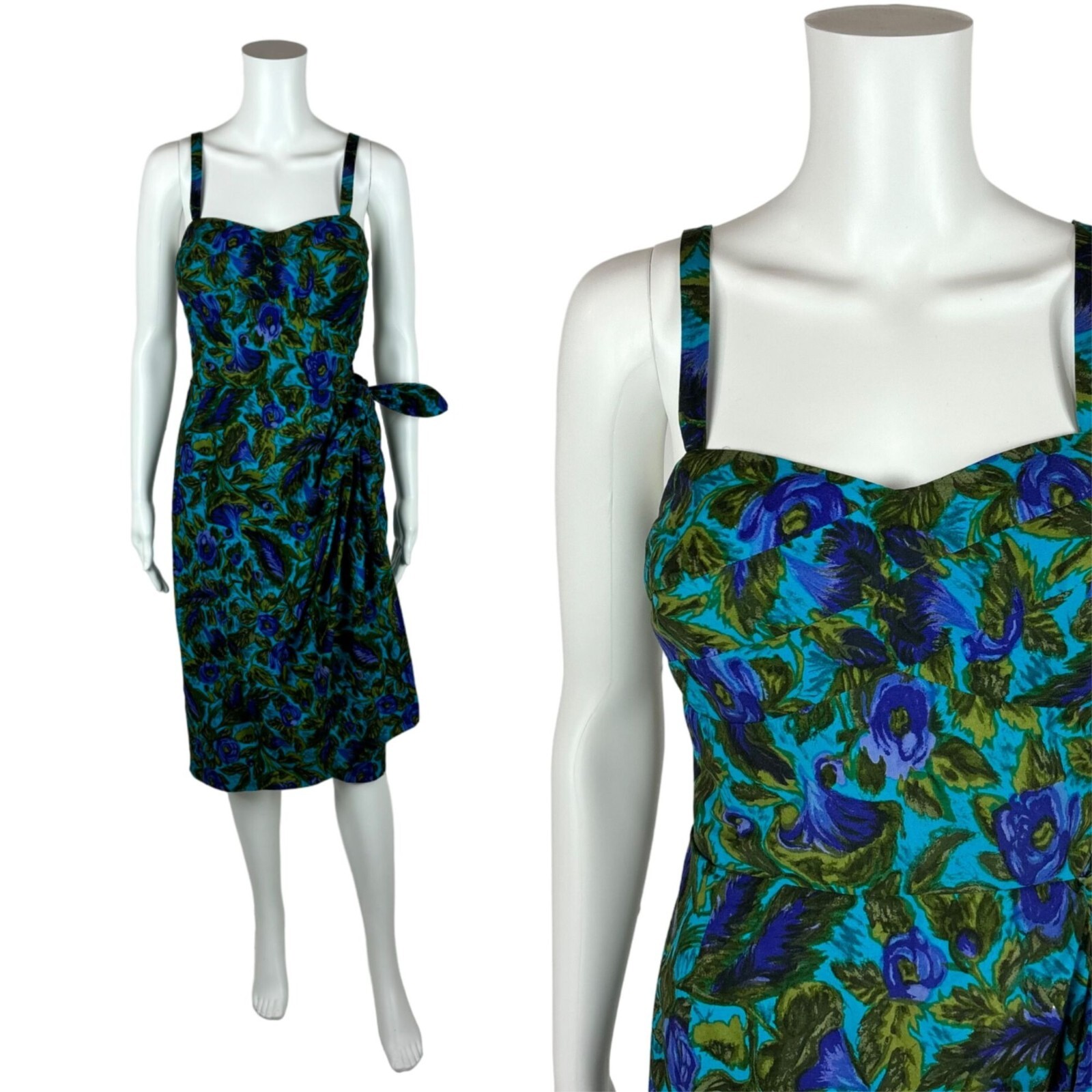 Vintage 1950s Sarong Dress Women’s XS Blue Green Floral Wiggle Hawaiian Tiki