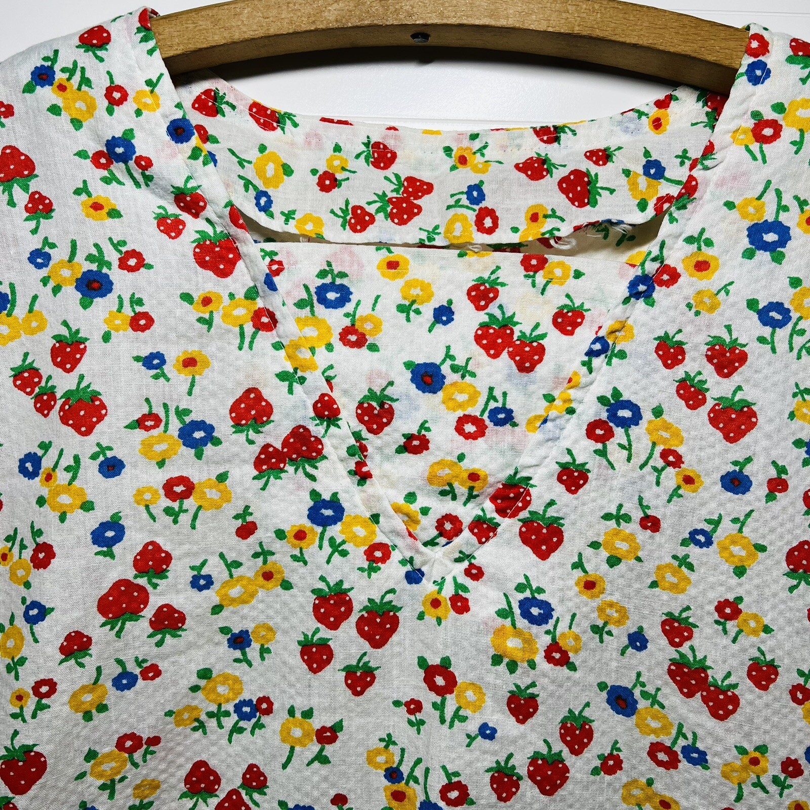 Vintage Handmade Night Gown Shirt Cotton Strawberries Flowers