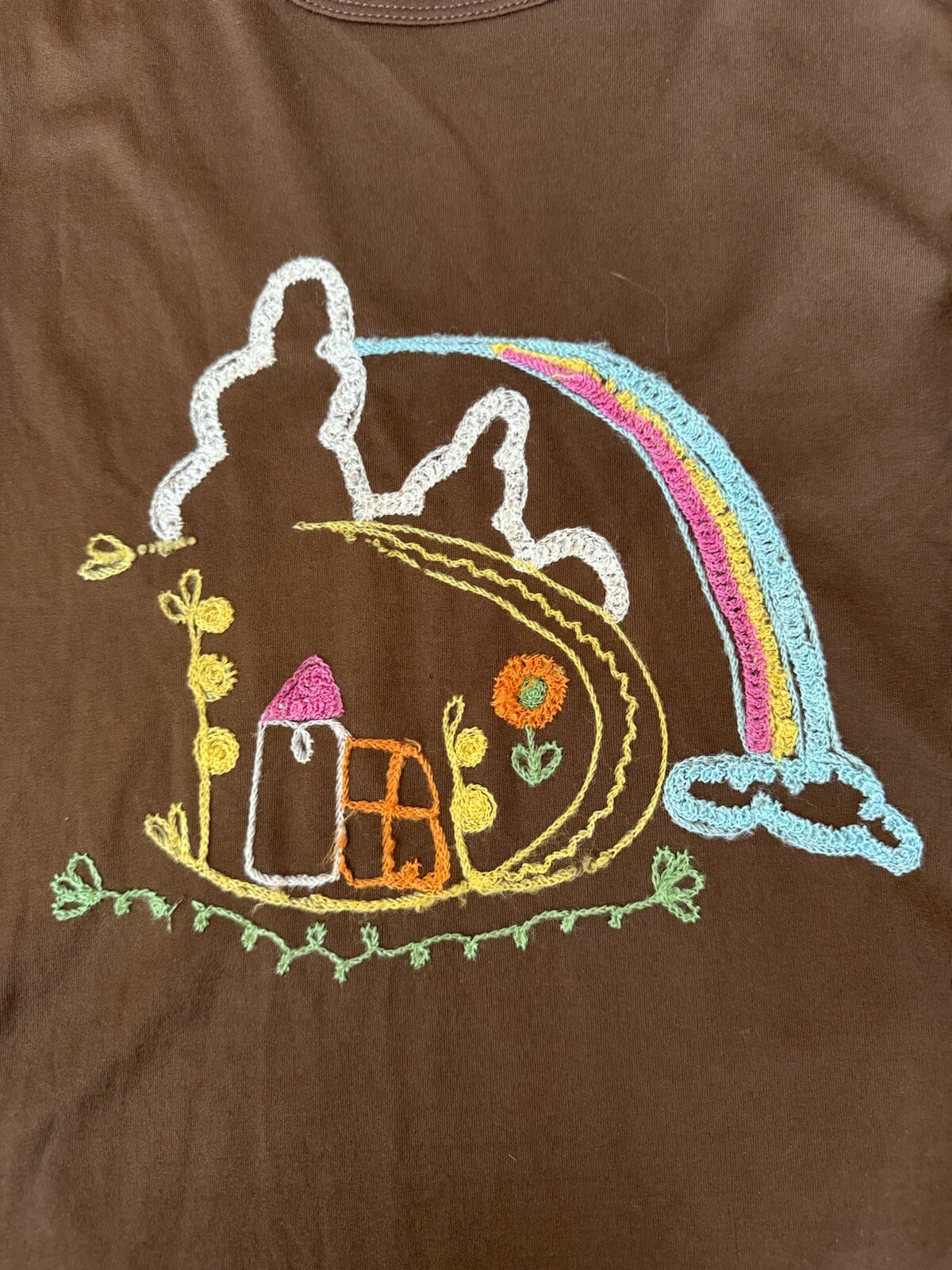 Vintage 70s Brown Long Sleeve T Shirt Hippie Rainbow Embroidered OOAK