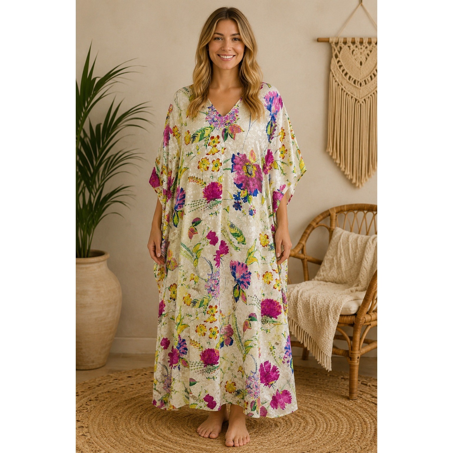 Sante Classics Floral Jacquard Caftan Dress Boho Regencycore Cream Polyester OS