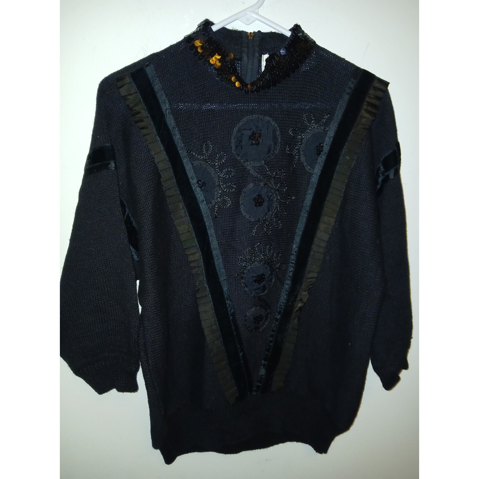 Vintage 1980s Black Dolman Embellished Sweater Bonnie and Bill High Neck Medium