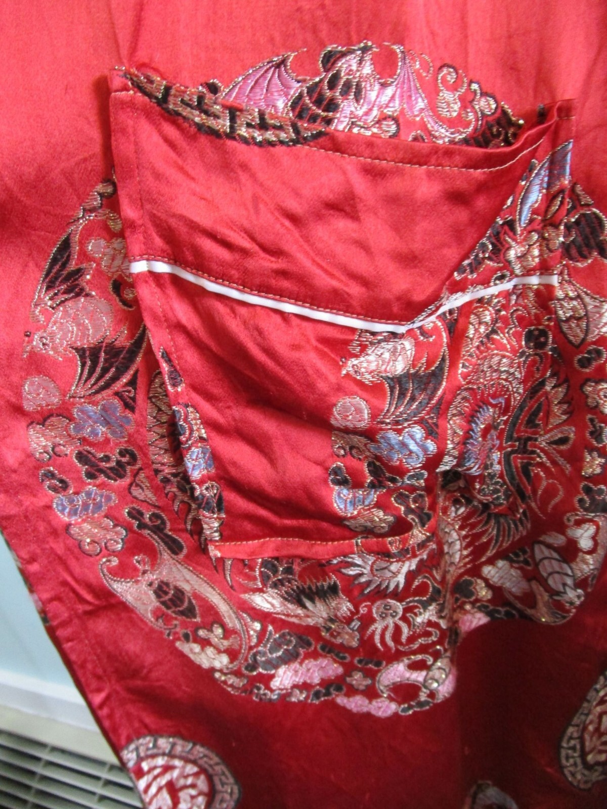 Vintage Red Kimono Robe Intricate Dragon Phoenix Coin Embroidery No Tie Damage