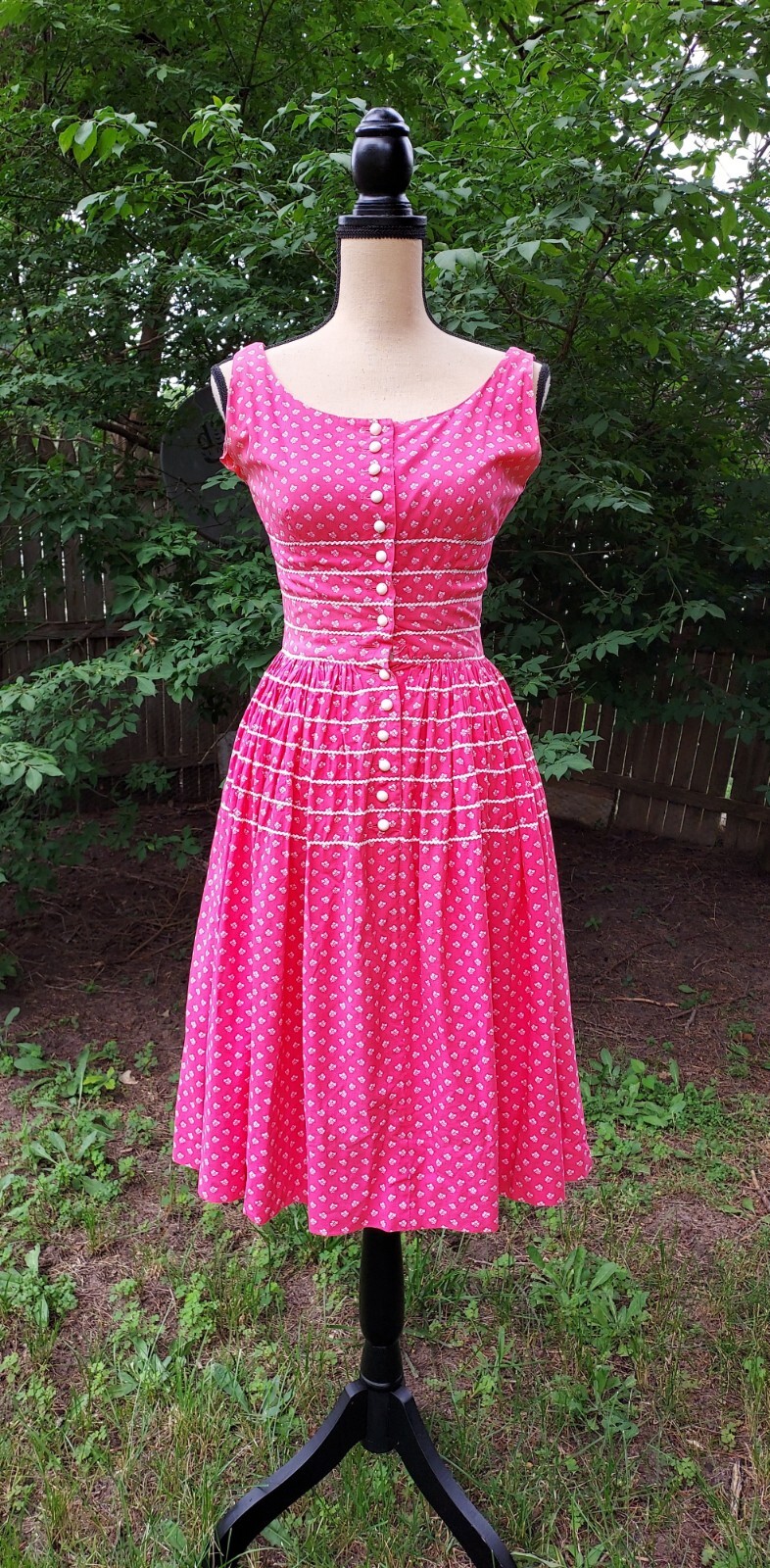 Vintage 50’s Lanz Originals Floral Print Dress Cotton Lace Button Pockets Small