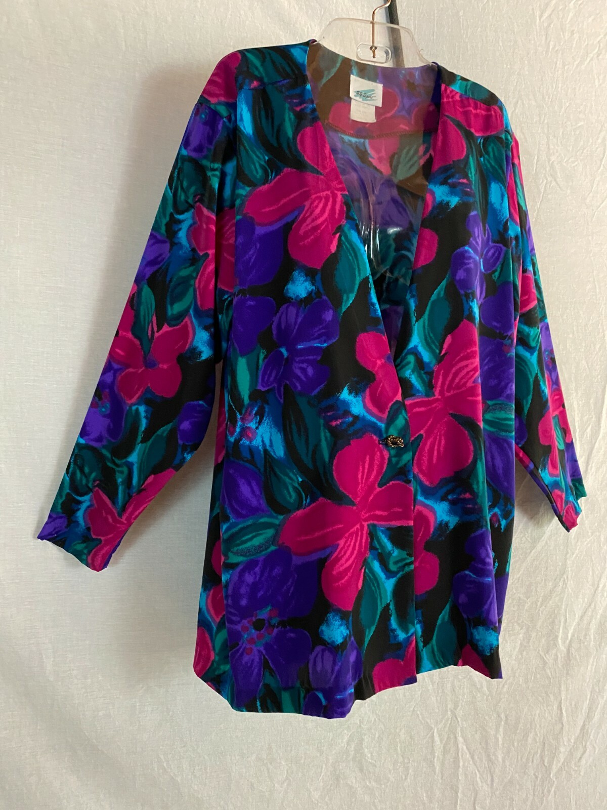 Vtg 80s S G Sport Jacket Top Floral Black Purple Magenta Blue Green Belted USA L
