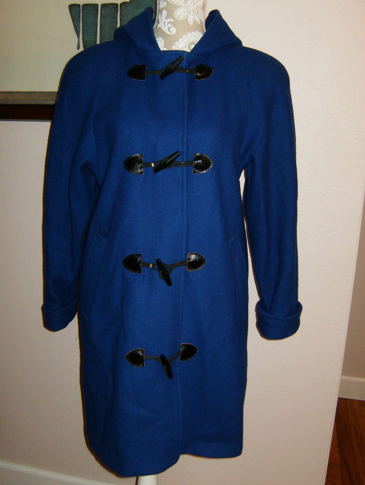 Vintage Mid Length STEPHANIE MATHEWS Pea Coat Jacket Wool Royal Blue Sz 3/4