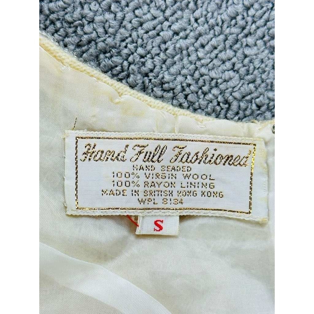 Vintage Hand Full Fashioned Top Women S Beige Beaded Floral Virgin Wool HongKong