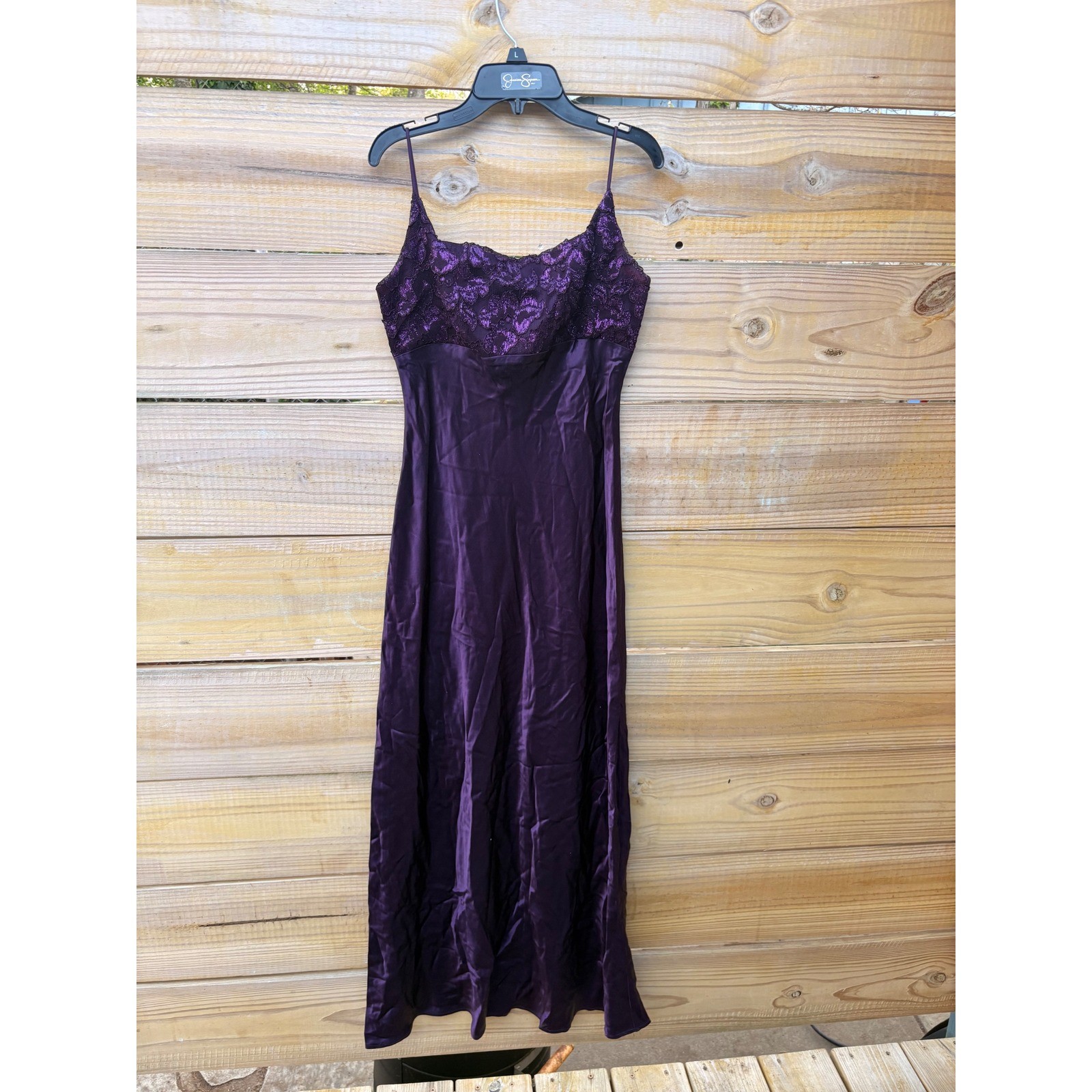 Steppin Out Vintage 90s Purple Satin Metallic Lace Maxi Dress Size 7/8 3102