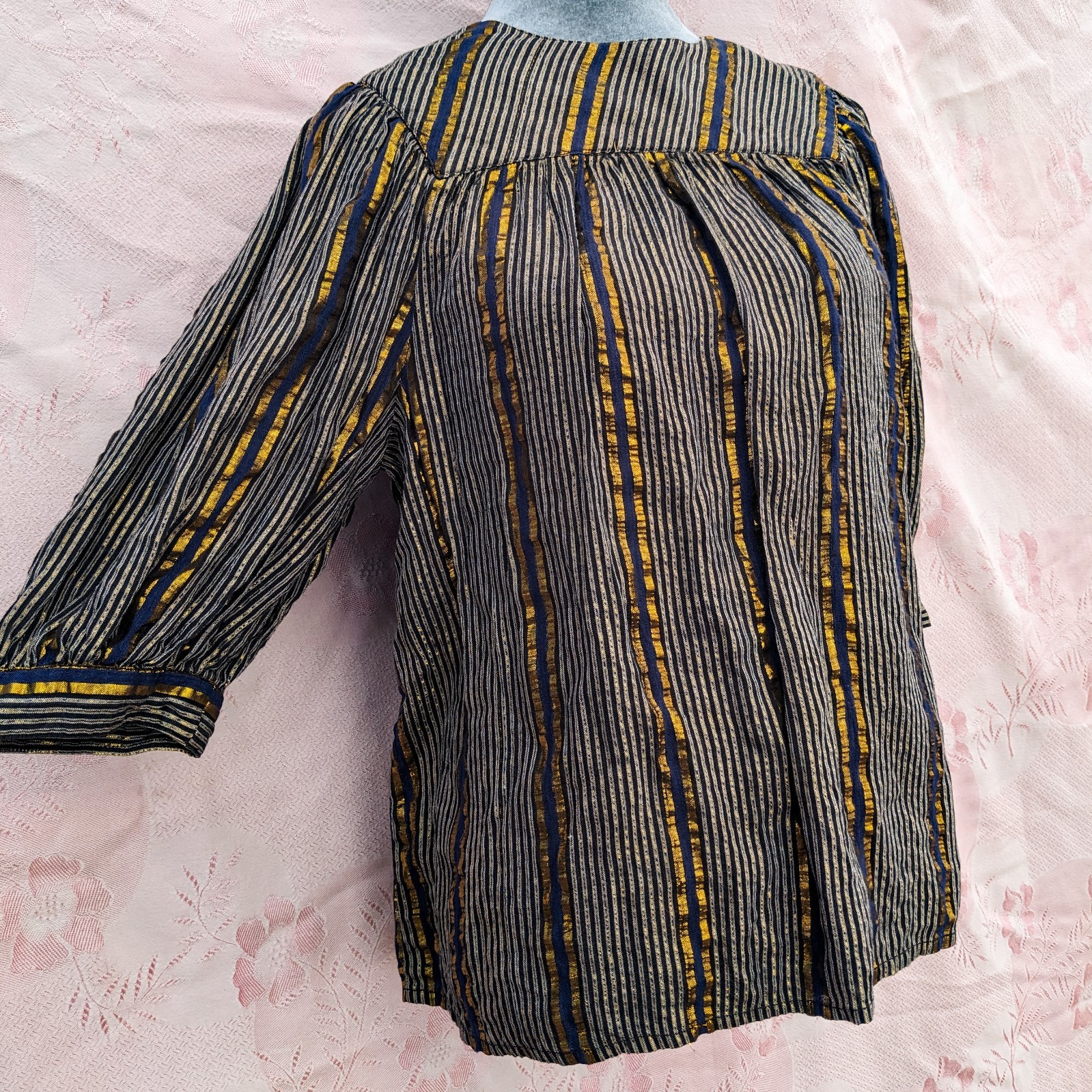 Vintage 70s Adini India Blouse S Navy Gold Lurex Metallic Stripe Boho Tunic Top