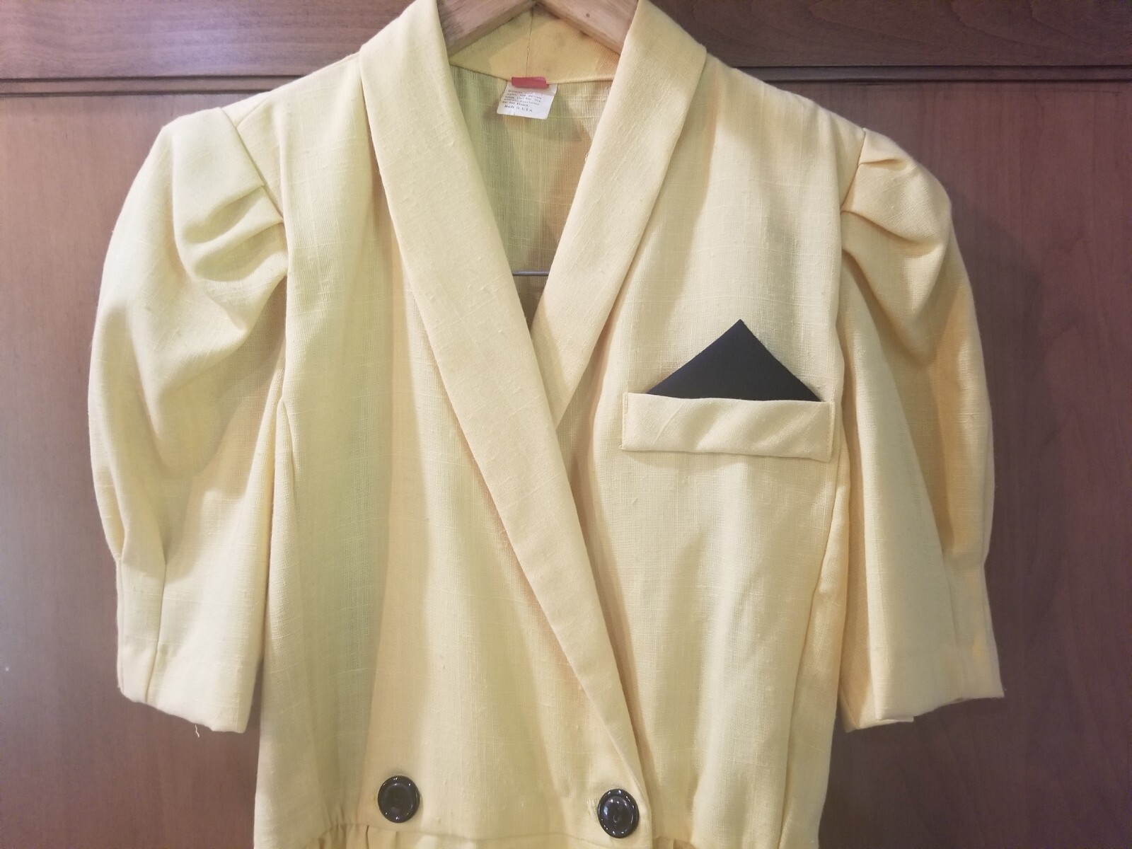 Vintage Yellow and Black Linen Wrap Like Dress w/Large Retro Belt Size 7