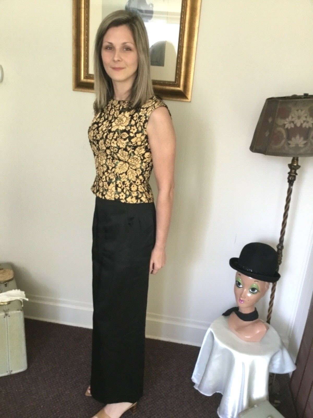 50’s Vintage Black Gold Brocade Sleeveless Sheath „Stephen O’Grady” Formal Set