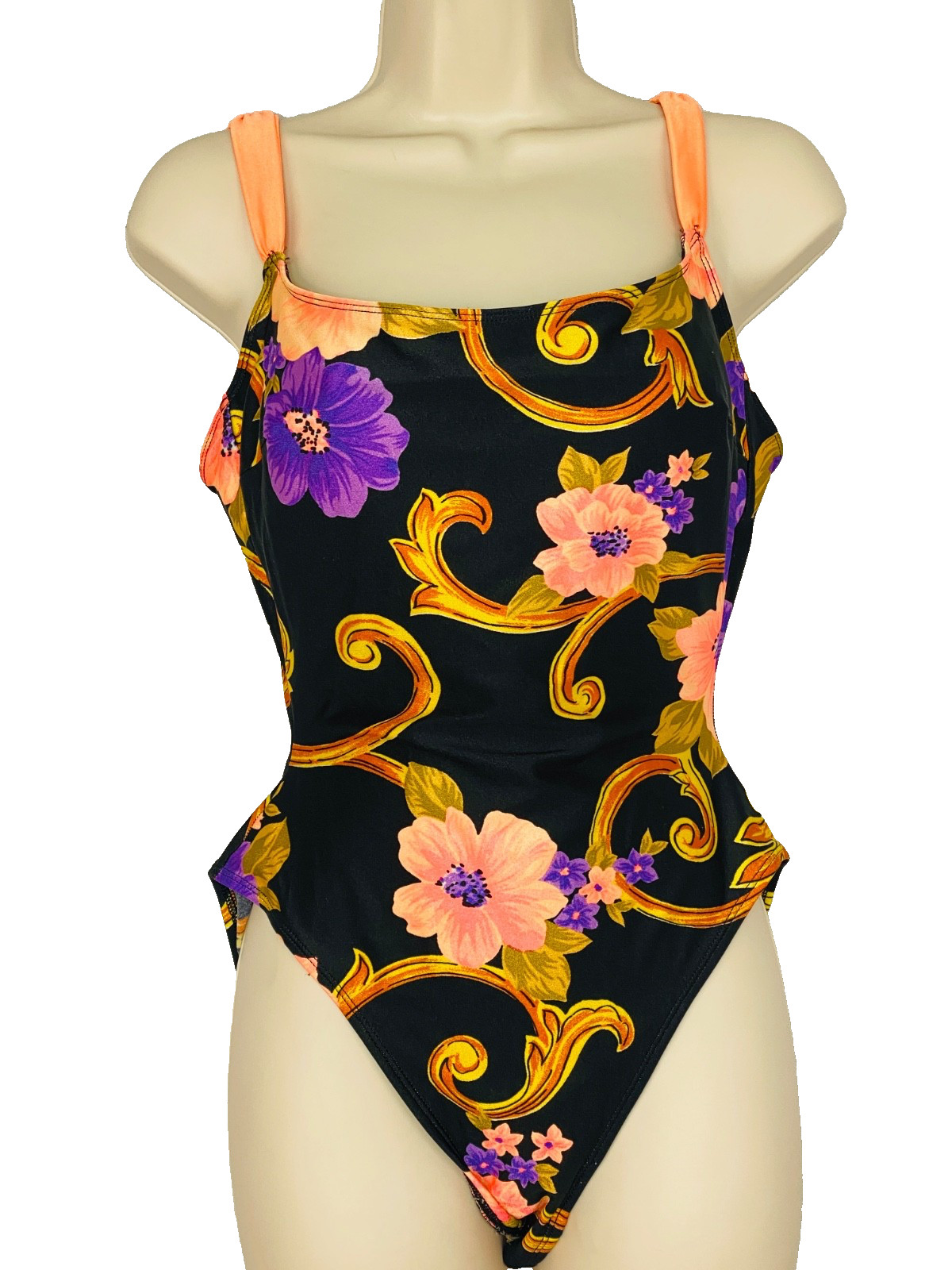 Vintage 1980s black floral swimsuit one piece high thigh pink gold purple 12 M L