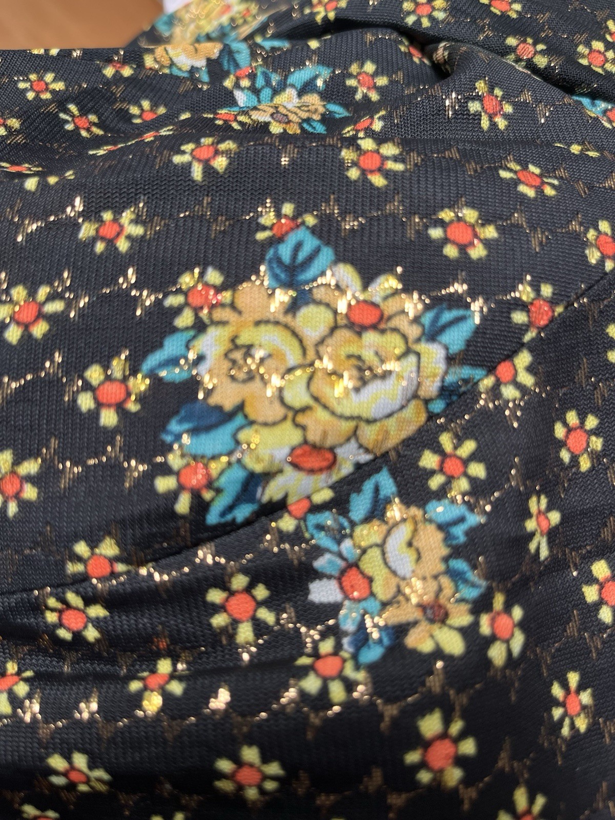 Vintage 70s Psychedelic Metallic Lurex Disco Blouse Mod Gold Floral Shirt Small
