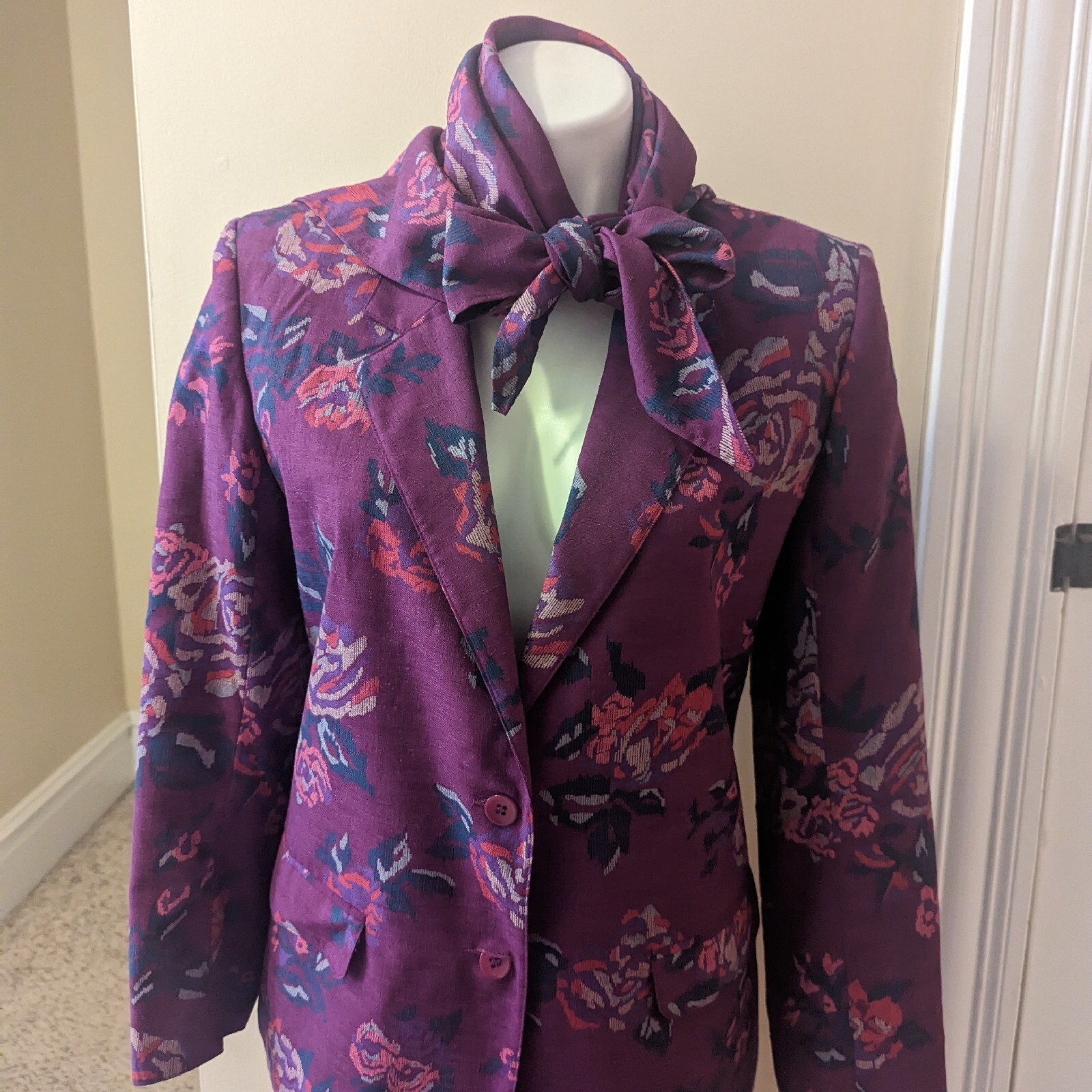 Vintage Patchington purple floral print skirt suit set with scarf size 8