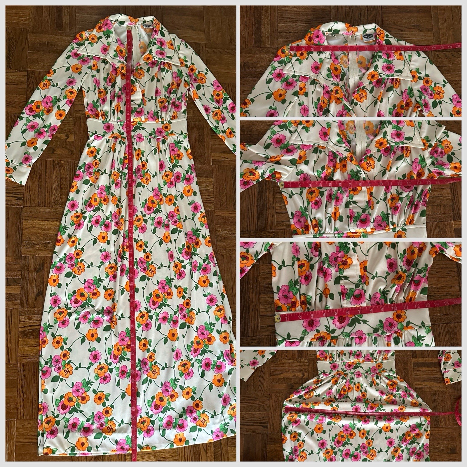 1970s Floral Maxi Dress Wide Collar Scovill Zip Mod Boho Hostess Novelty VTG S M
