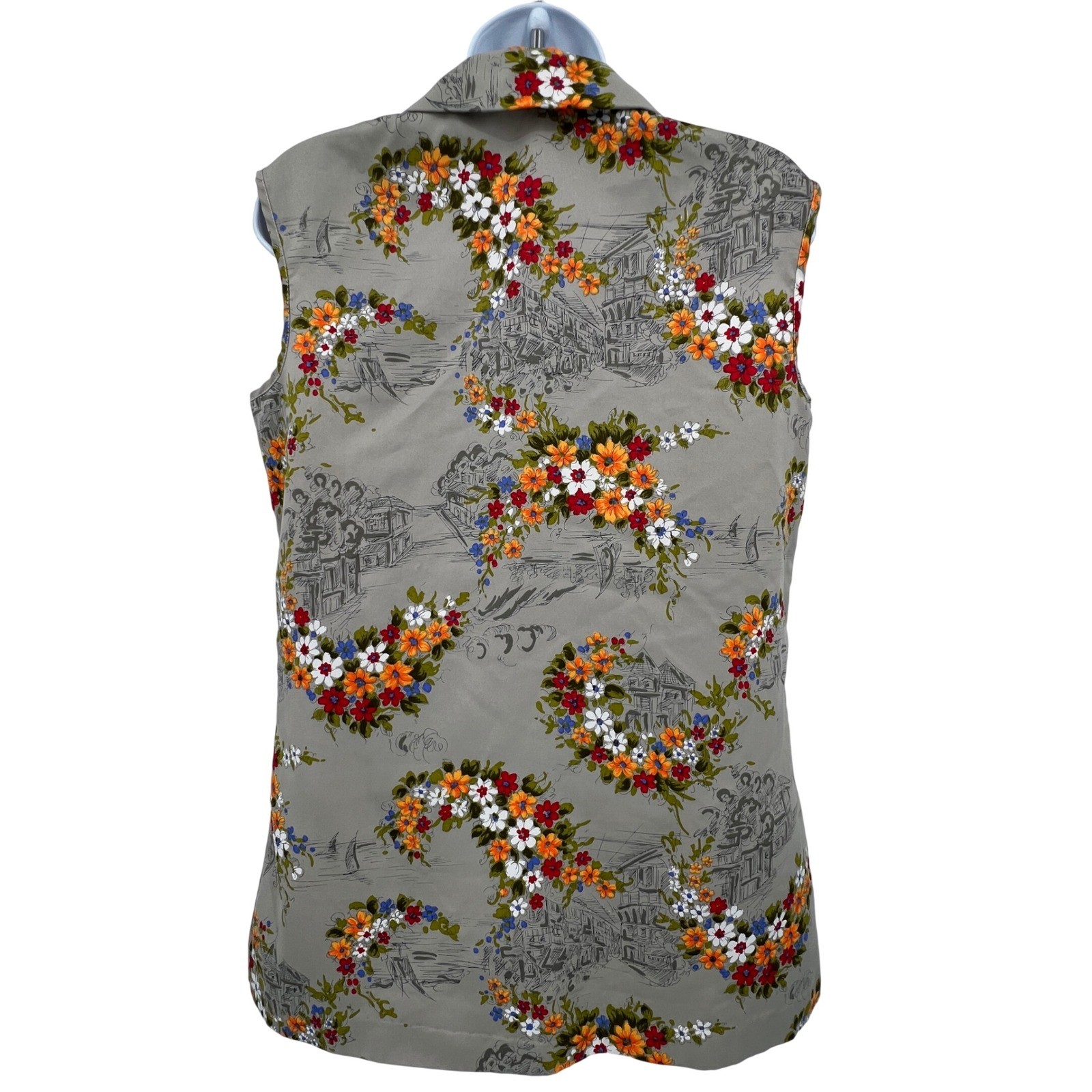 Vintage 70s Dagger Collar Artist Smock Blouse Floral Gray Pockets MCM Darts