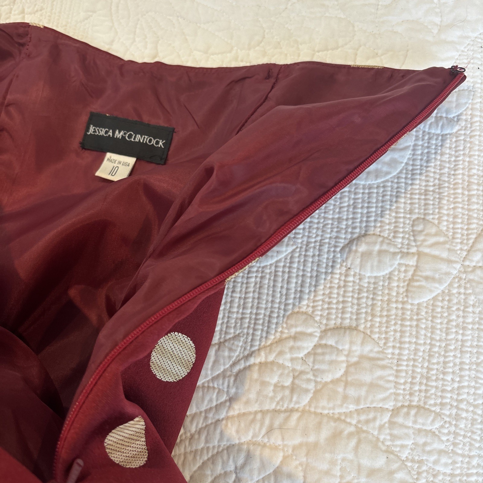 VTG Jessica McClintock Strapless Polka Dot Dress Burgundy Gold USA 1990s Y2K