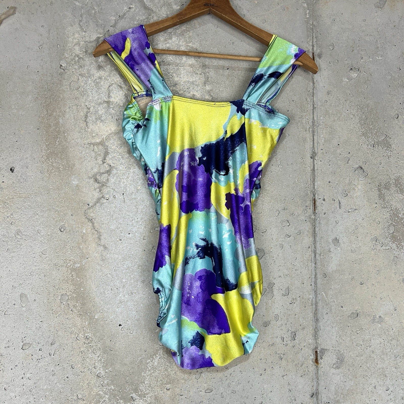 Vintage 90s Esther Williams one piece blue purple yellow abstract ruched 10/med